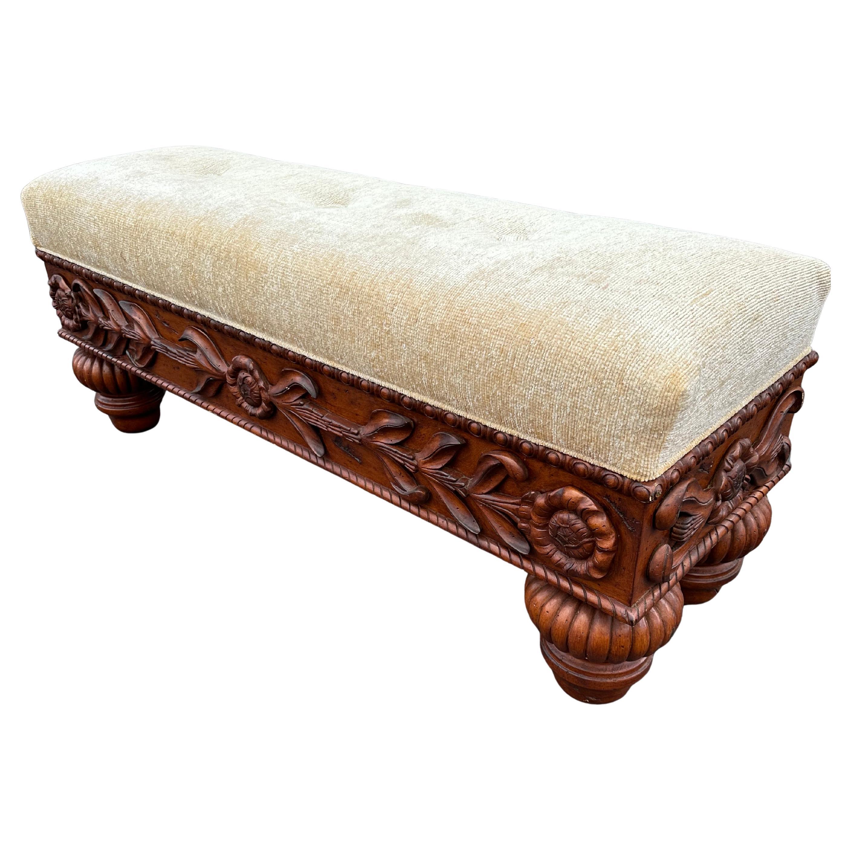 1970s Carved Gilt Wood Floral Rustic Bench