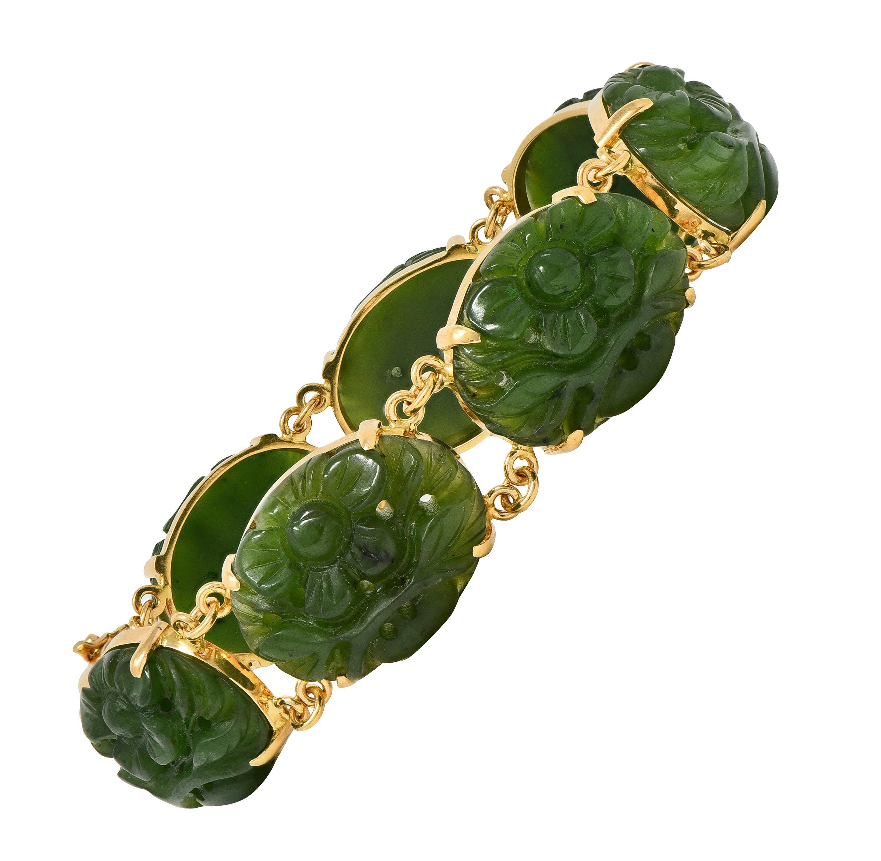 Mixed Cut 1970's Carved Jade 14 Karat Yellow Gold Floral Shou Vintage Bracelet For Sale