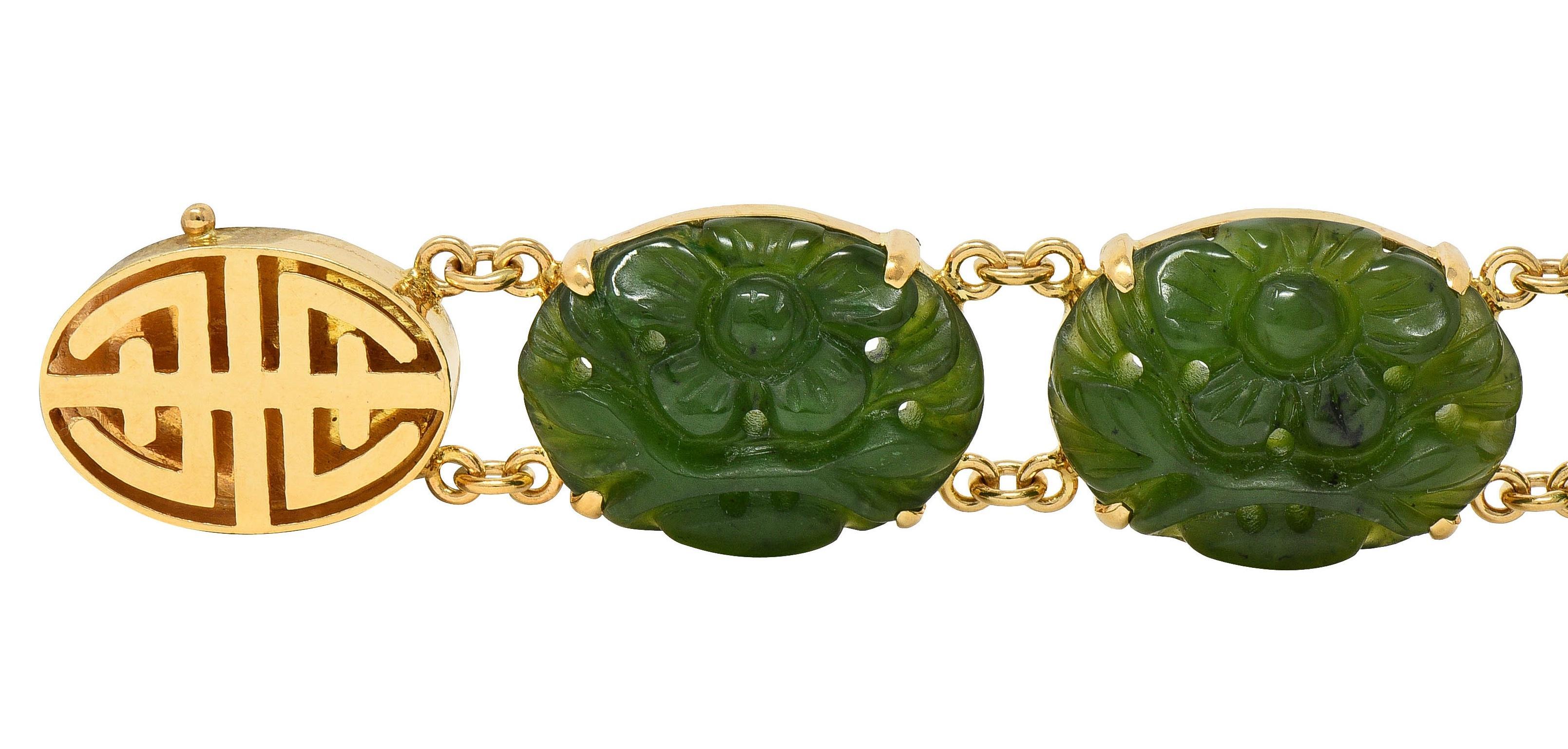 1970's Carved Jade 14 Karat Yellow Gold Floral Shou Vintage Bracelet In Excellent Condition For Sale In Philadelphia, PA