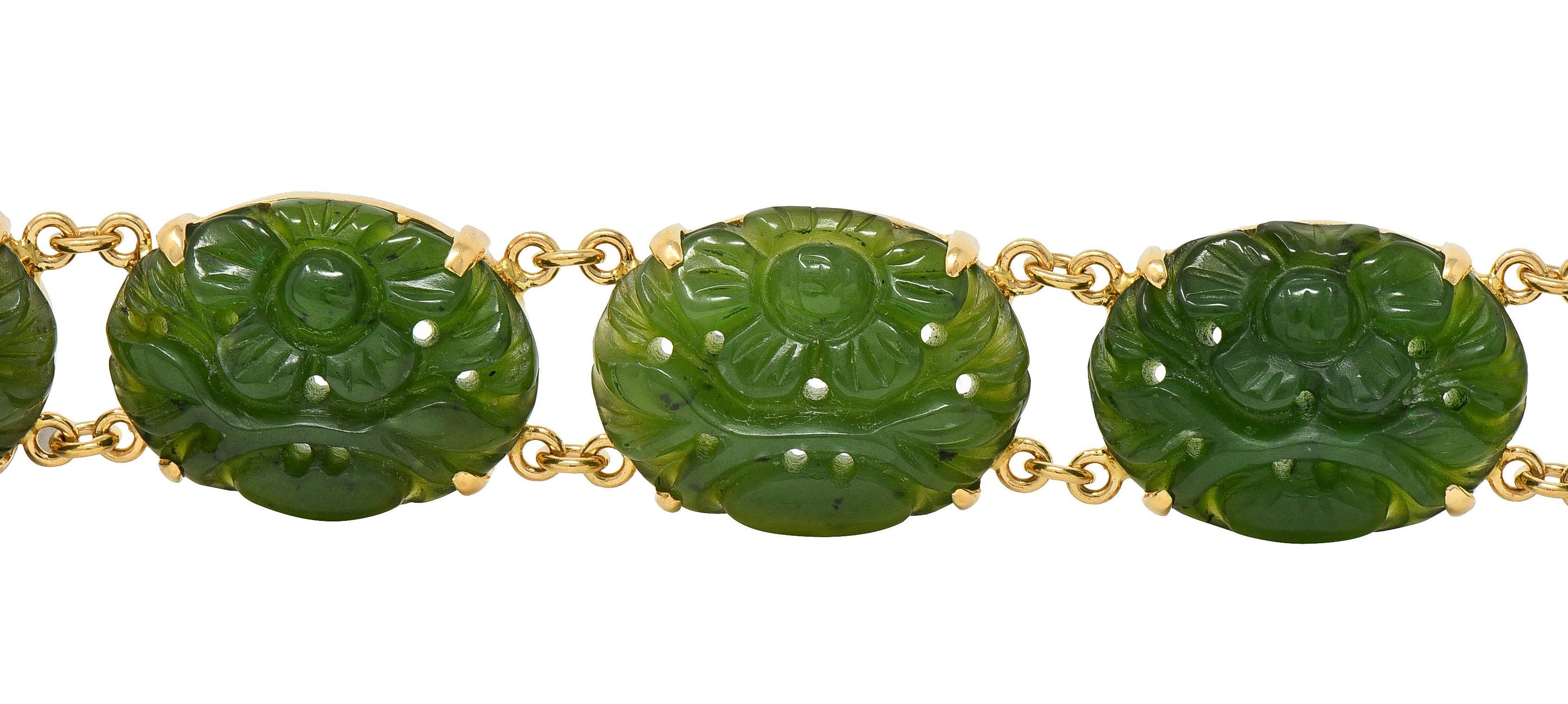 Women's or Men's 1970's Carved Jade 14 Karat Yellow Gold Floral Shou Vintage Bracelet For Sale