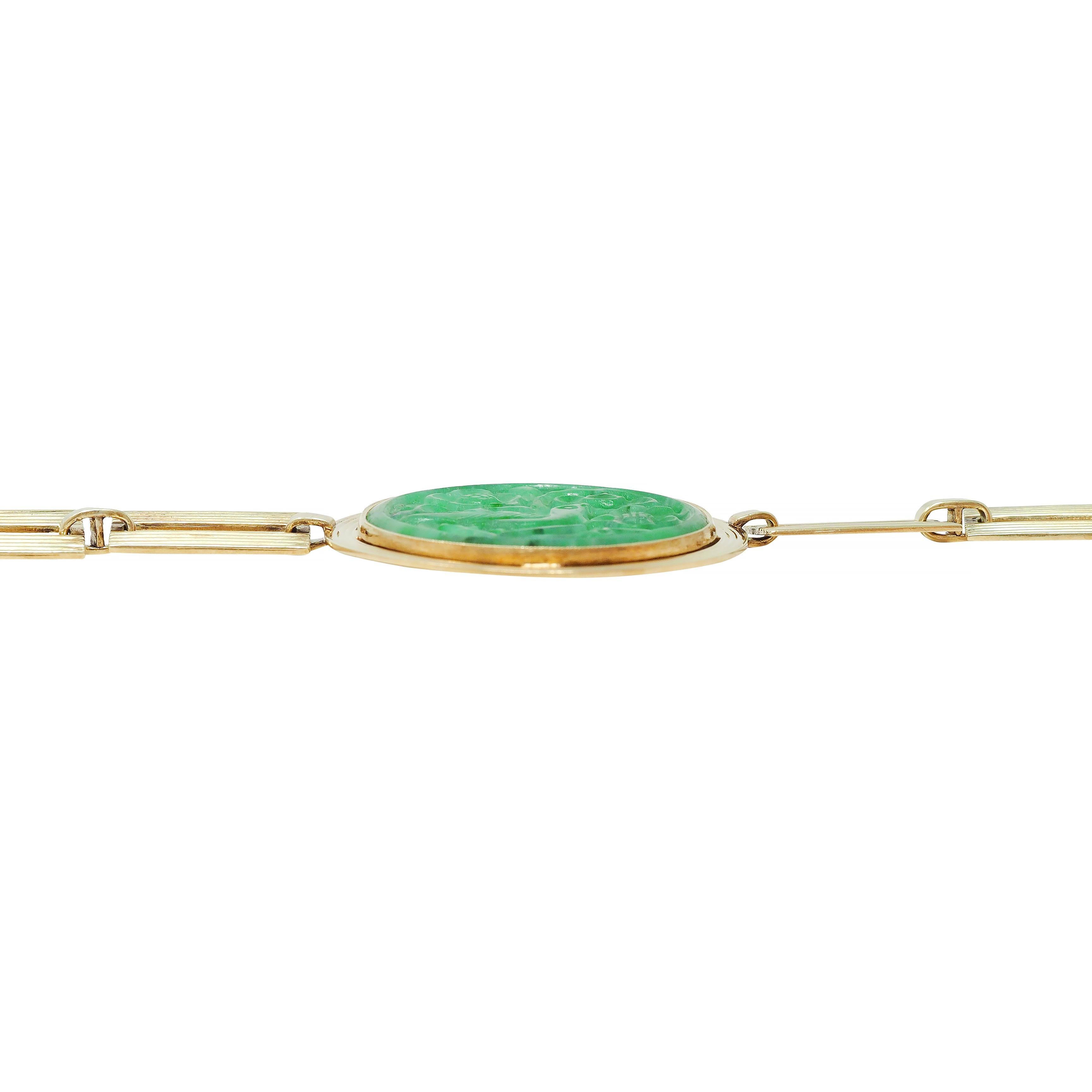 1970er Jahre geschnitzte Jade 14 Karat Gelbgold Gliederhalskette Vintage Station Halskette im Angebot 5