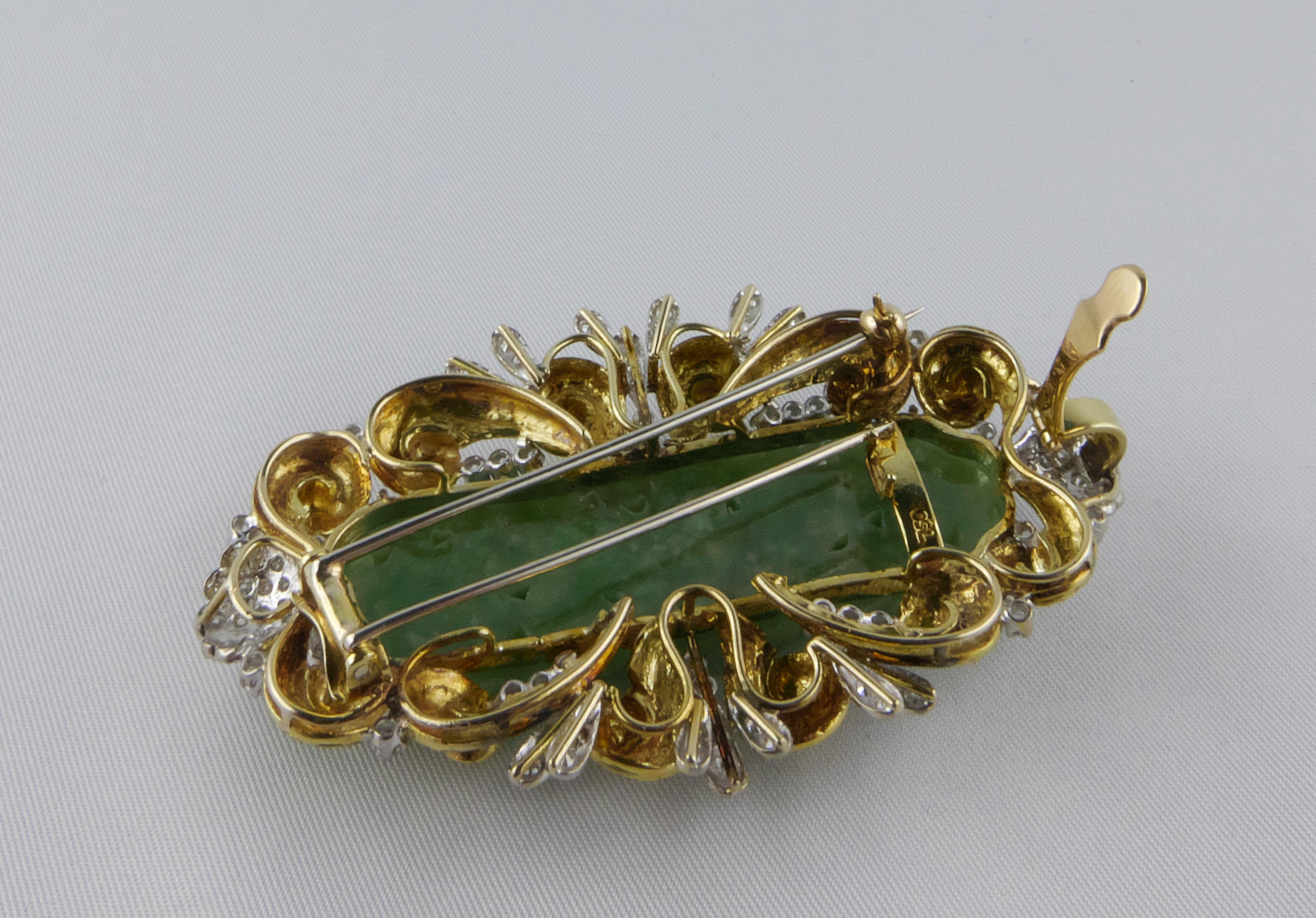 Women's or Men's 1970s Carved Jade Gold and Diamond Brooch