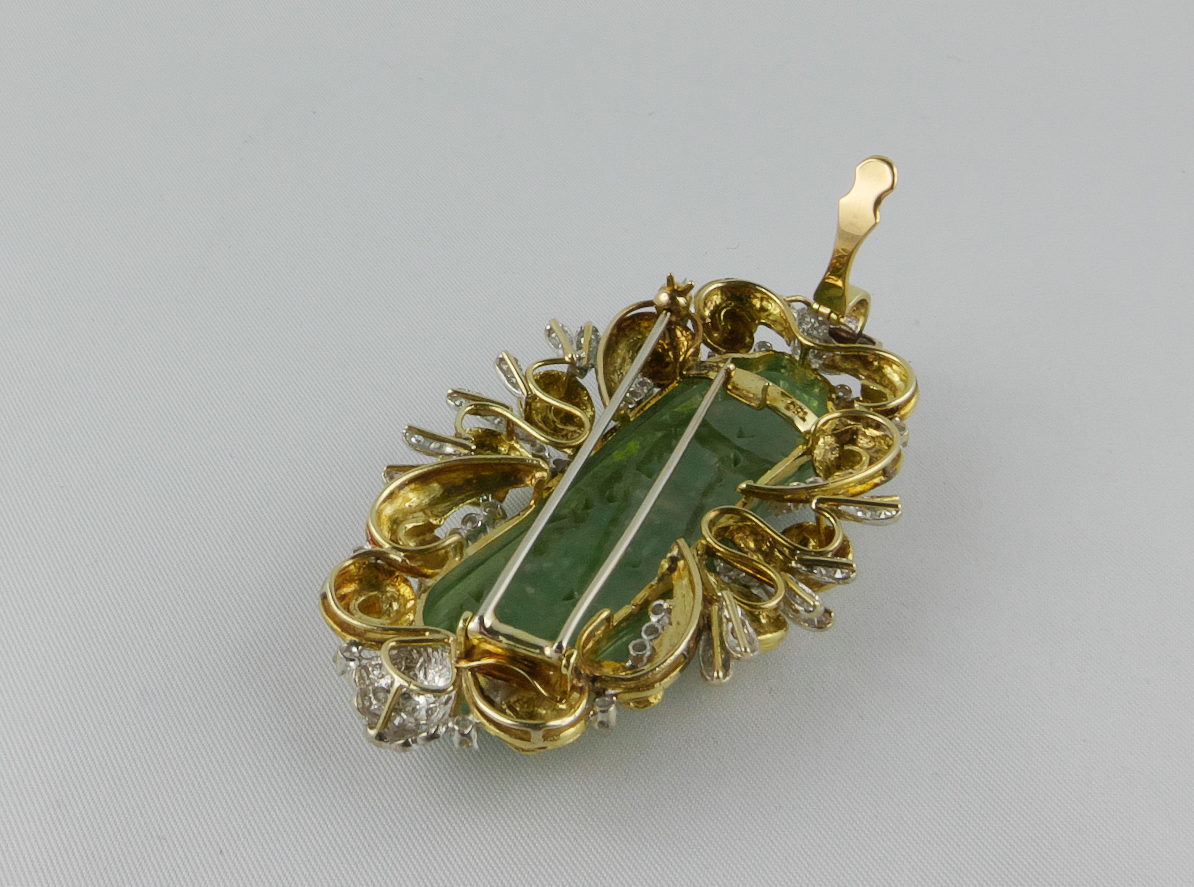 1970s Carved Jade Gold and Diamond Brooch 1