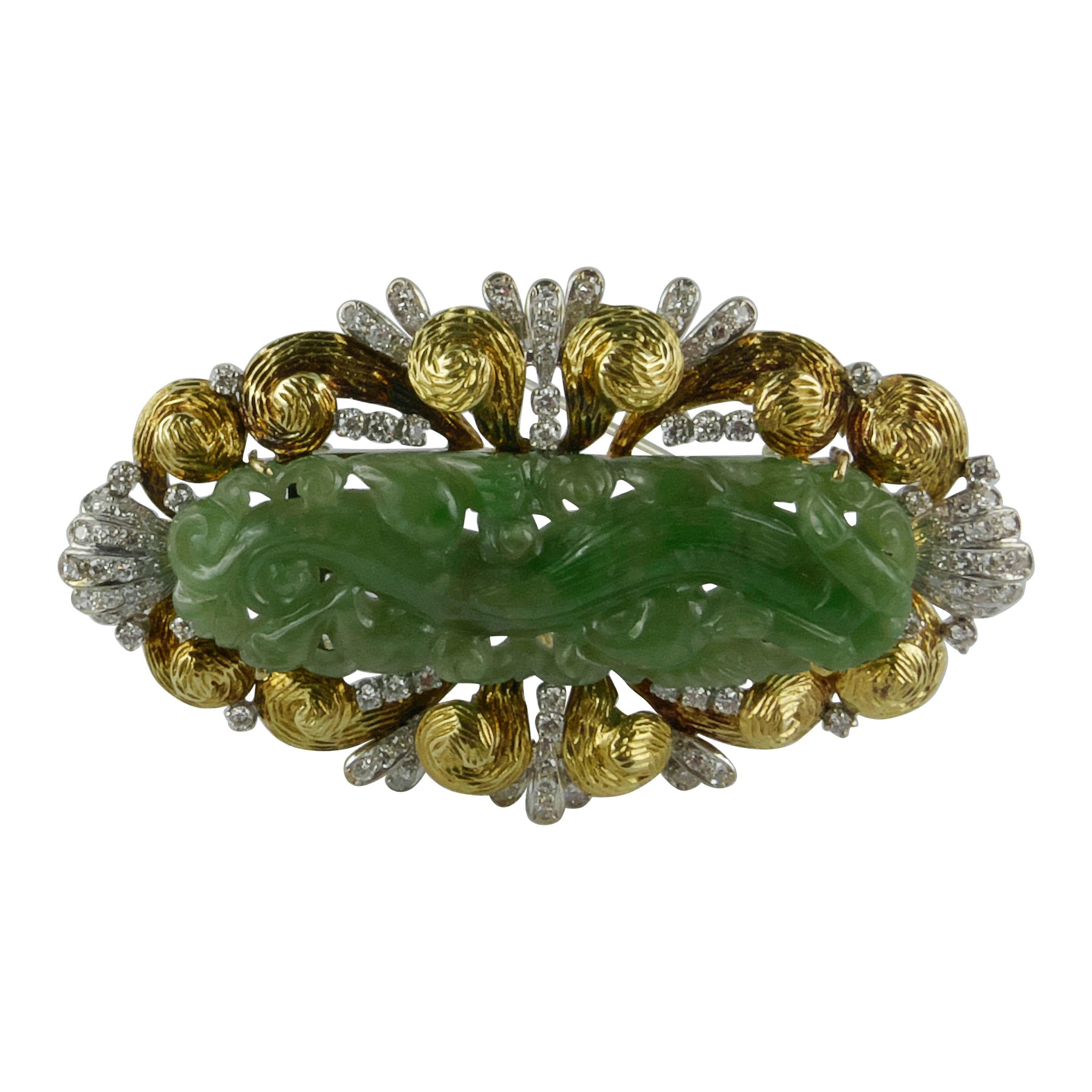 1970s Carved Jade Gold and Diamond Brooch