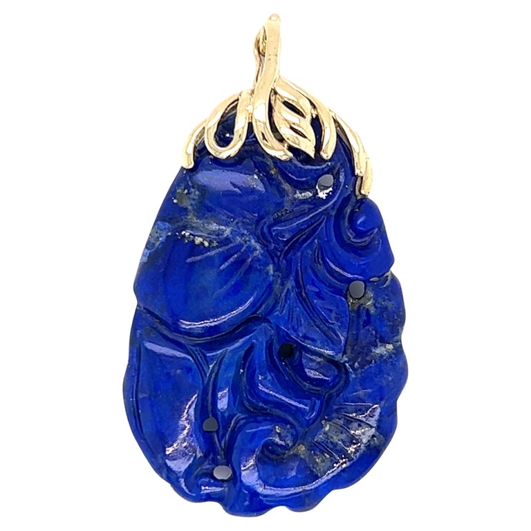 1970s Carved Lapis Lazuli Pendant with 14 Karat Gold Enhancer Bail For