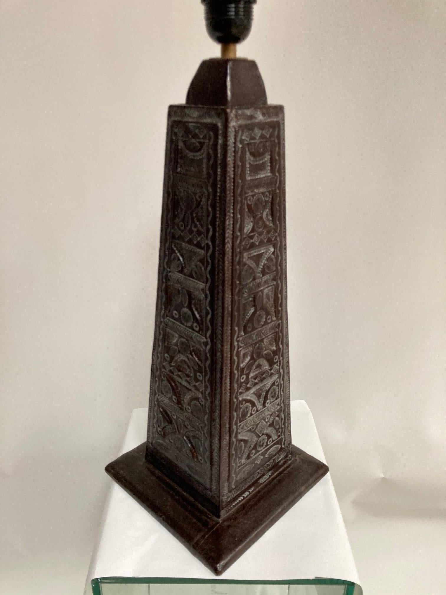 European 1970's Carved Leather Lamp