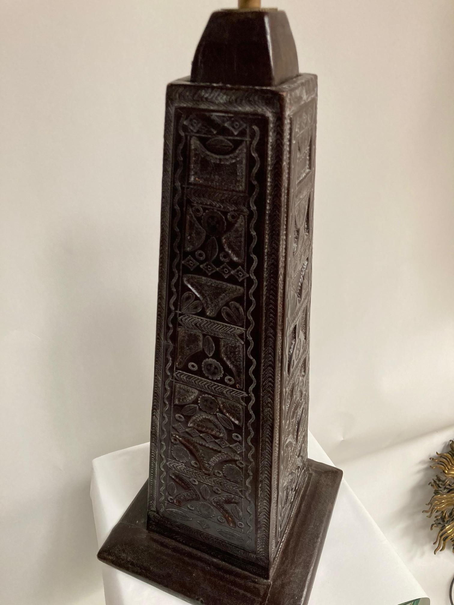 Late 20th Century 1970's Carved Leather Lamp