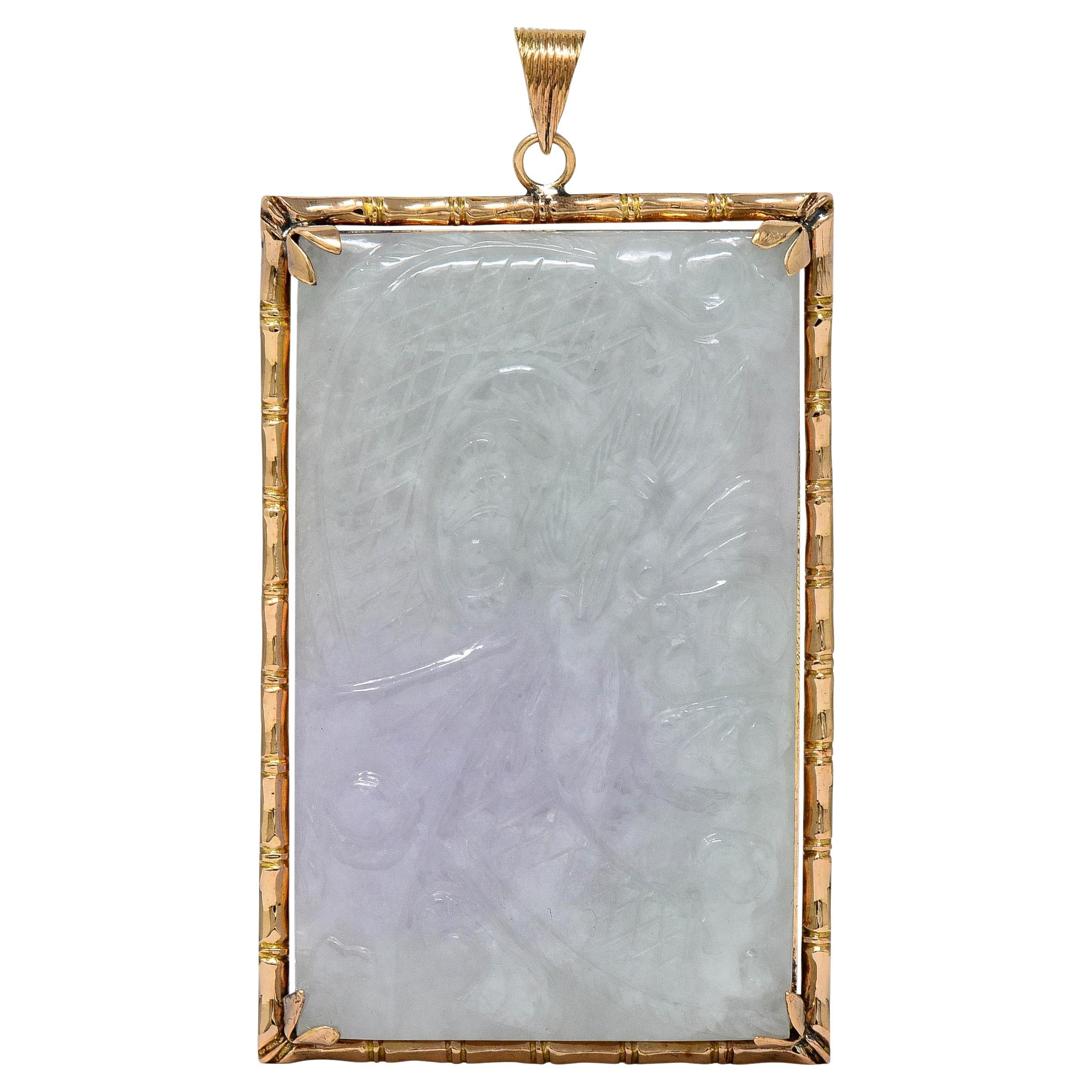 1970's Carved Pastel Jade 14 Karat Yellow Gold Vintage Dragon Pendant