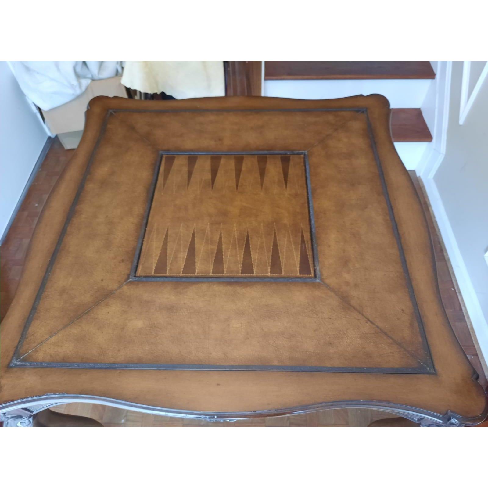 Rococo Revival 1970s Carved Walnut and Leather Top Insert Game Table