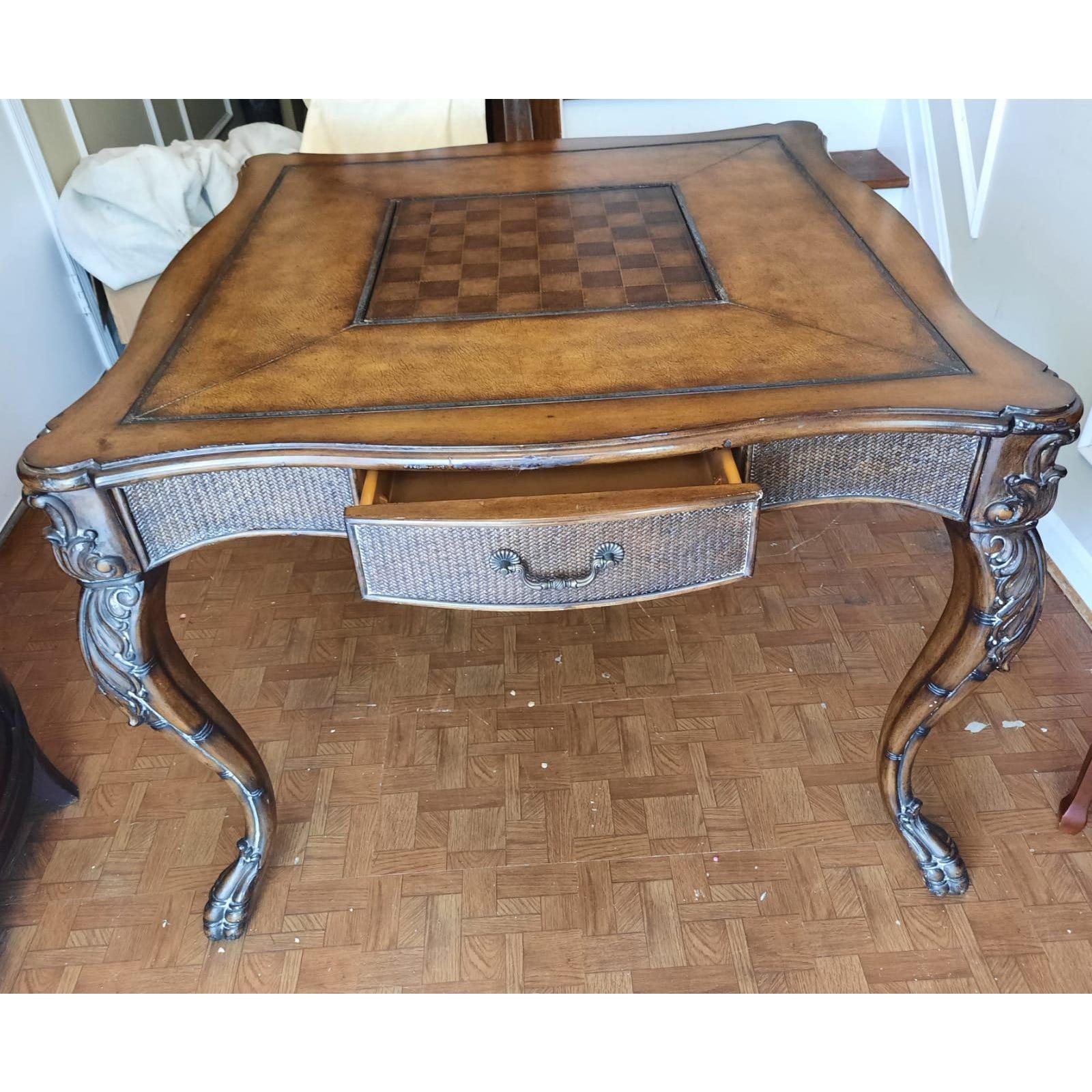 1970s Carved Walnut and Leather Top Insert Game Table In Good Condition In Germantown, MD