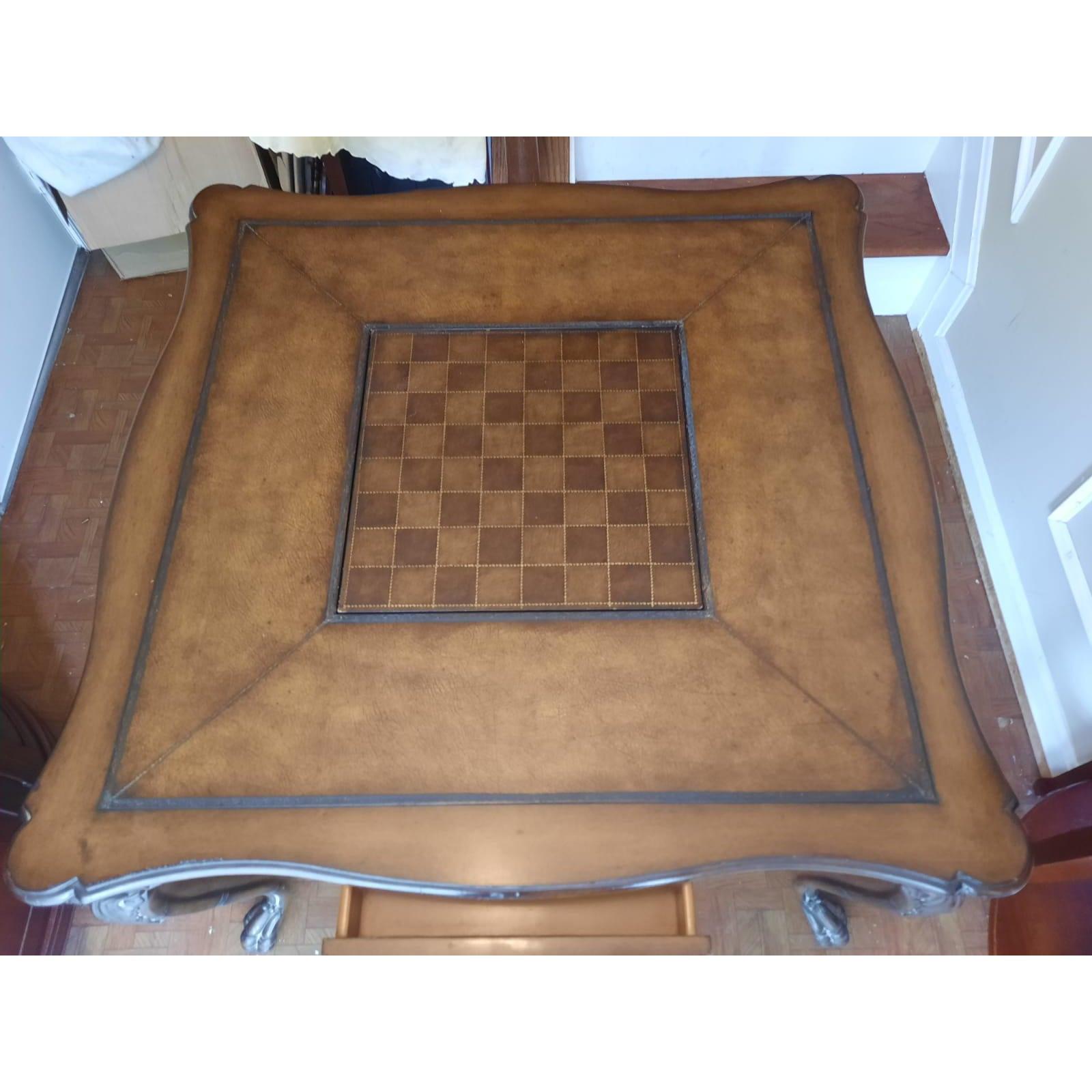 1970s Carved Walnut and Leather Top Insert Game Table 1