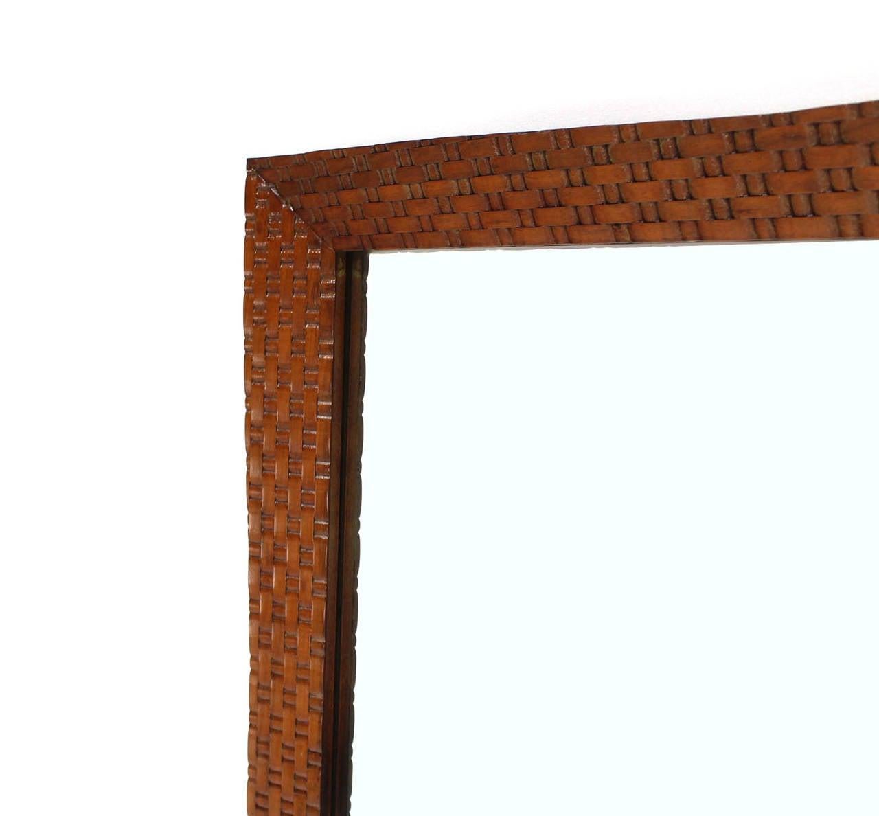 1970s Carved Walnut Lattice Basket Weave Pattern Large Rectangle Wall Mirror MINT!