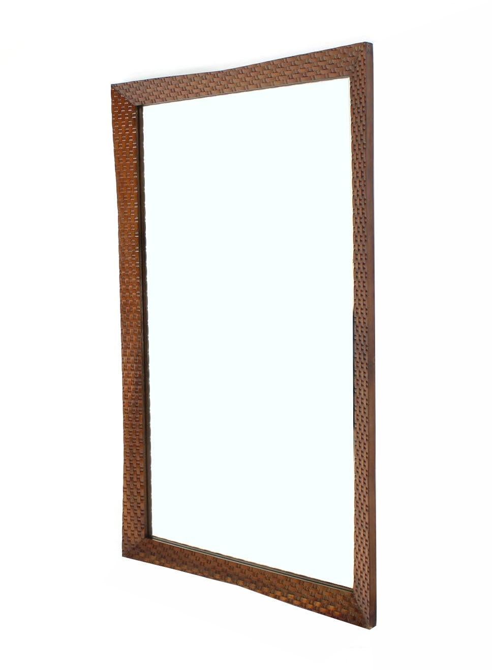 Mid-Century Modern 1970s Carved Walnut Lattice Basket Weave Pattern Large Rectangle Wall Mirror  For Sale