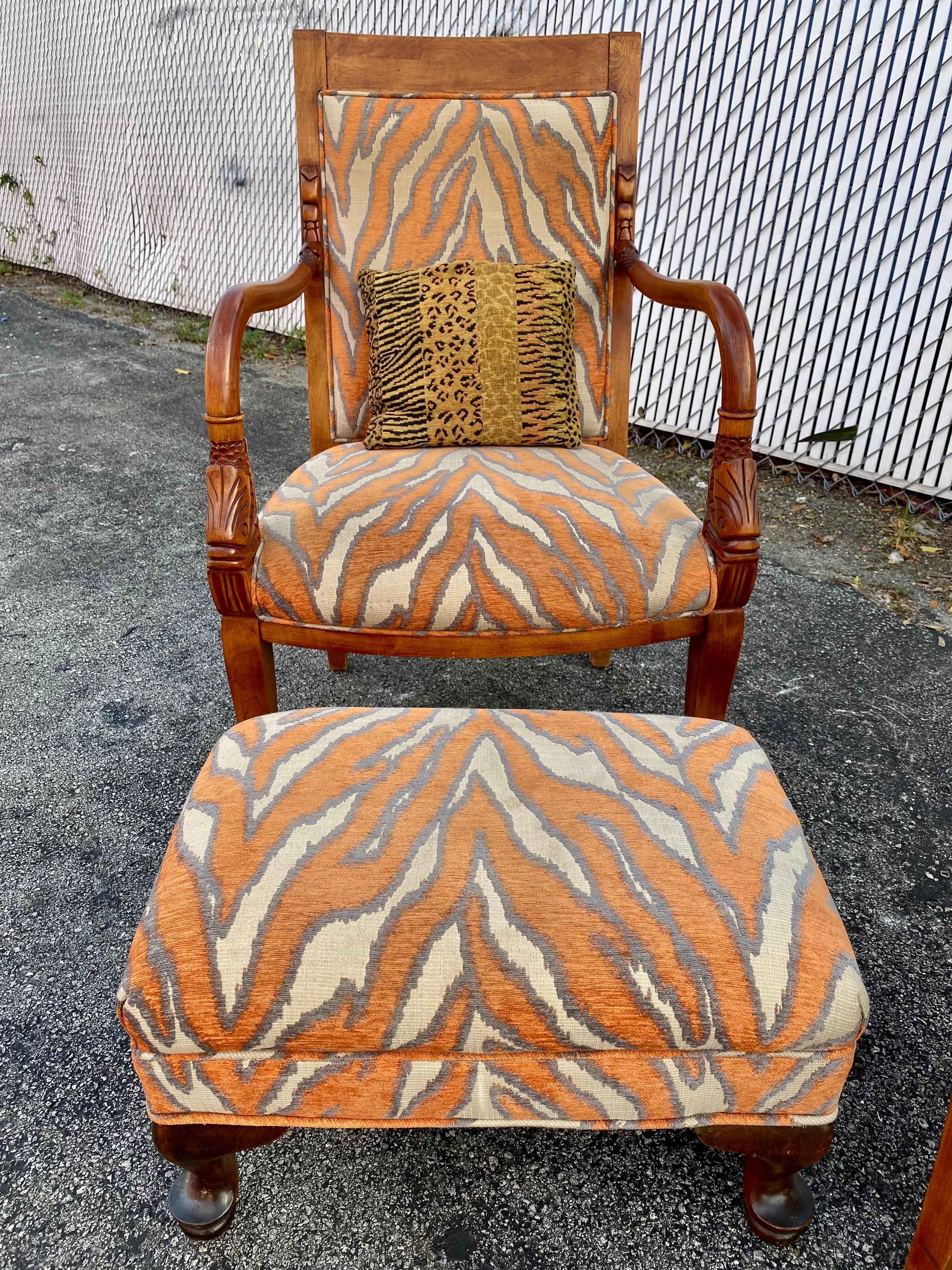 1970s Carved Wood Gold Fish Zebra Bentwood Chairs and Ottoman, Set of 3 For Sale 3
