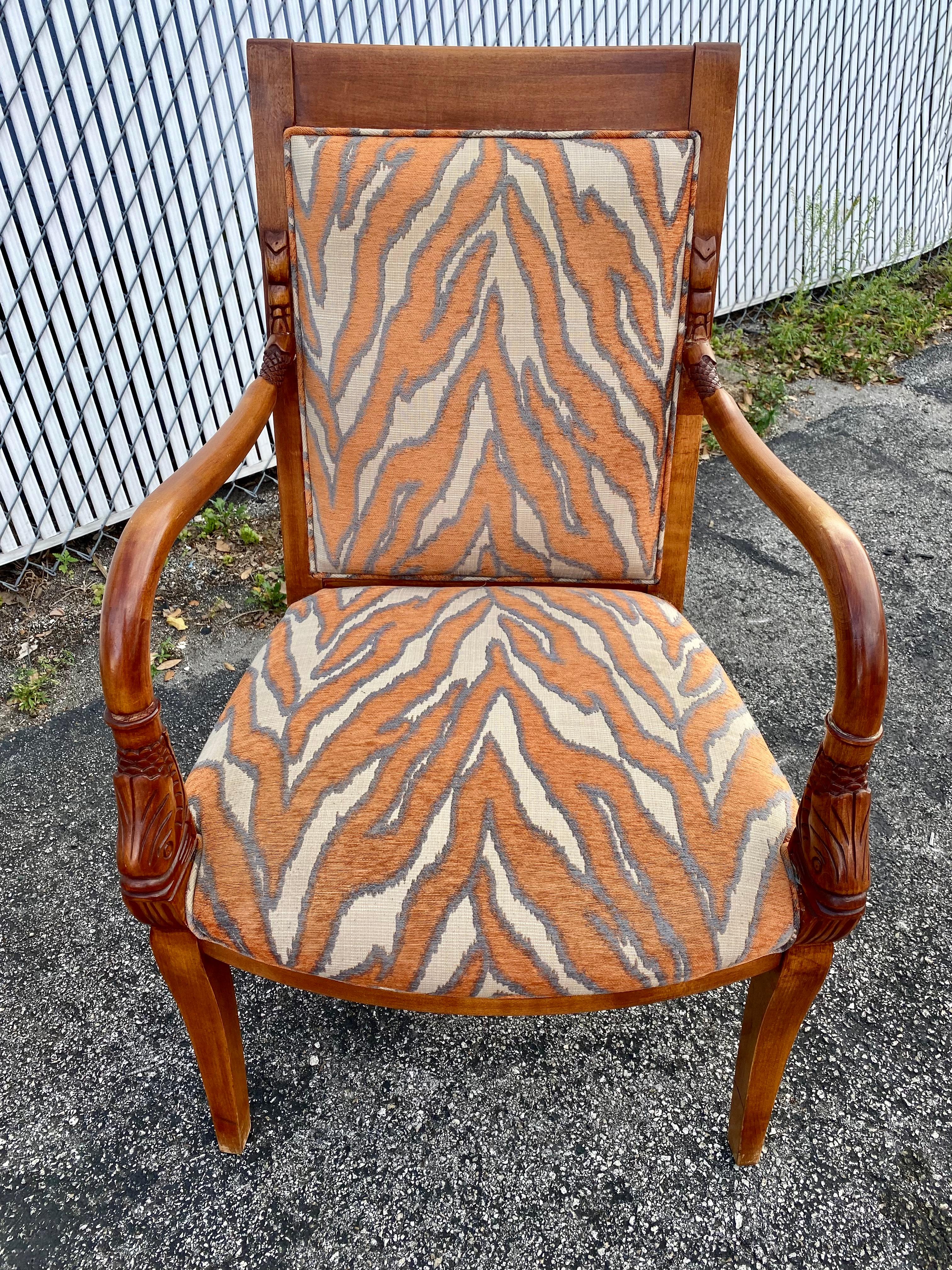 1970s Carved Wood Gold Fish Zebra Bentwood Chairs and Ottoman, Set of 3 For Sale 4