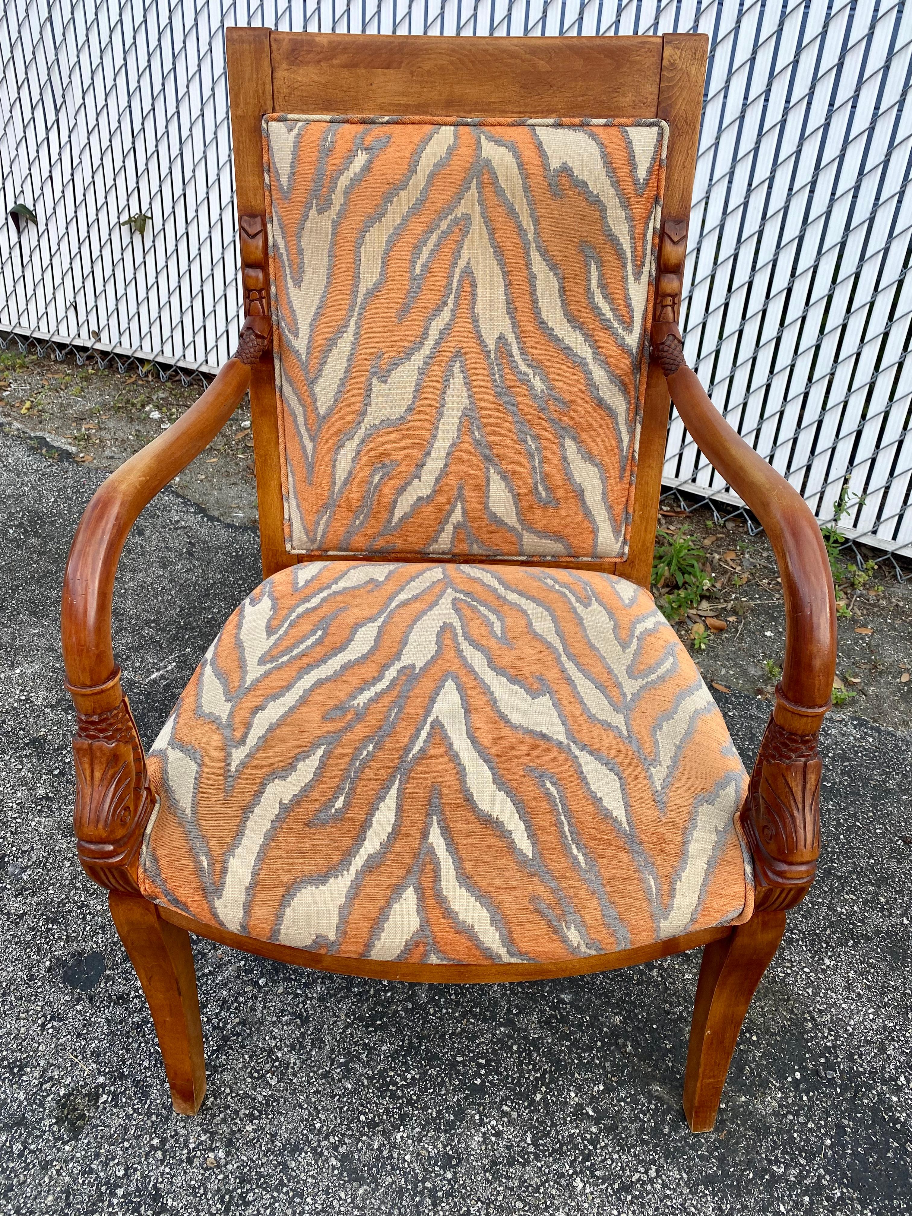 1970s Carved Wood Gold Fish Zebra Bentwood Chairs and Ottoman, Set of 3 For Sale 5