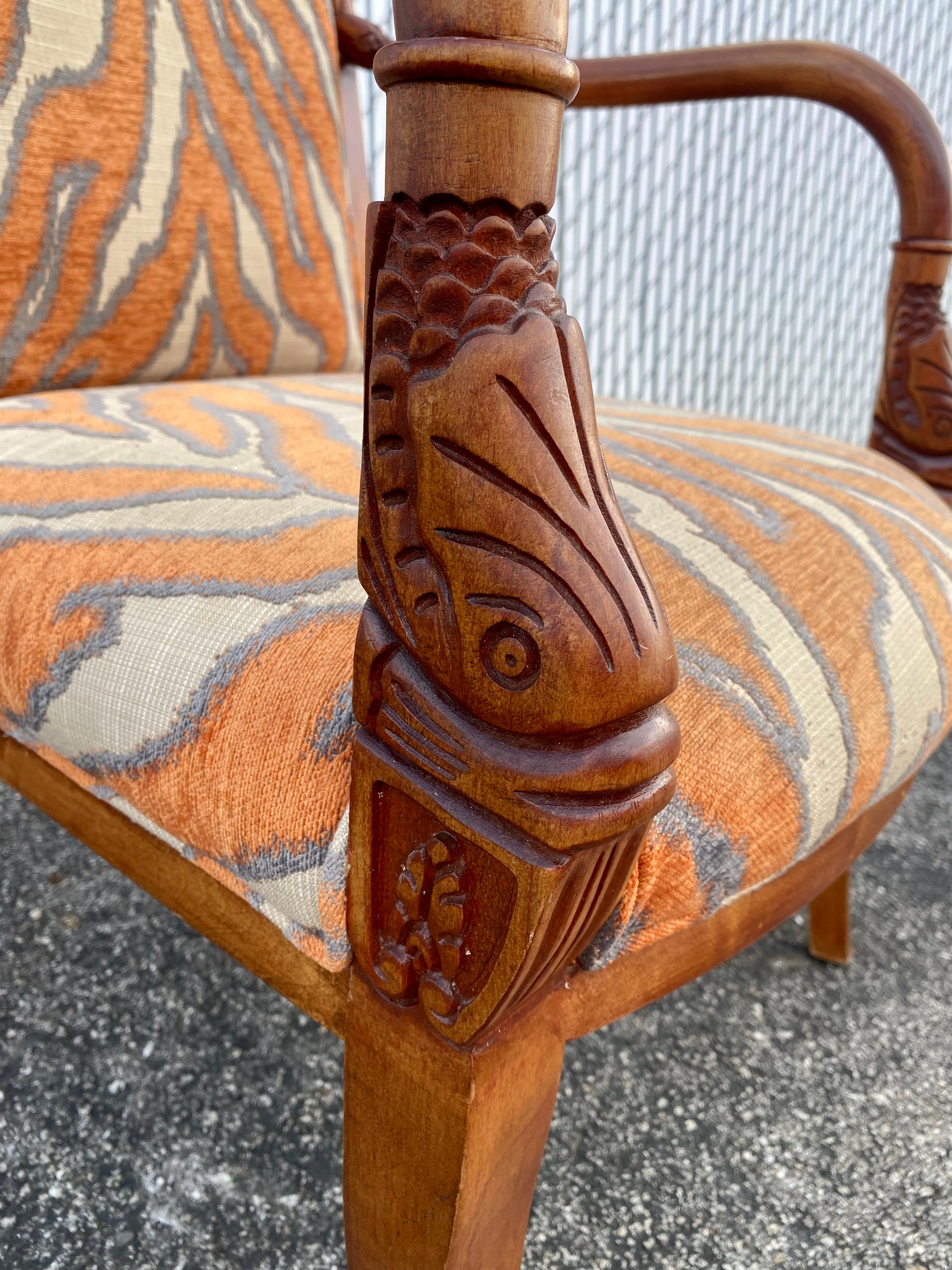 1970s Carved Wood Gold Fish Zebra Bentwood Chairs and Ottoman, Set of 3 For Sale 6