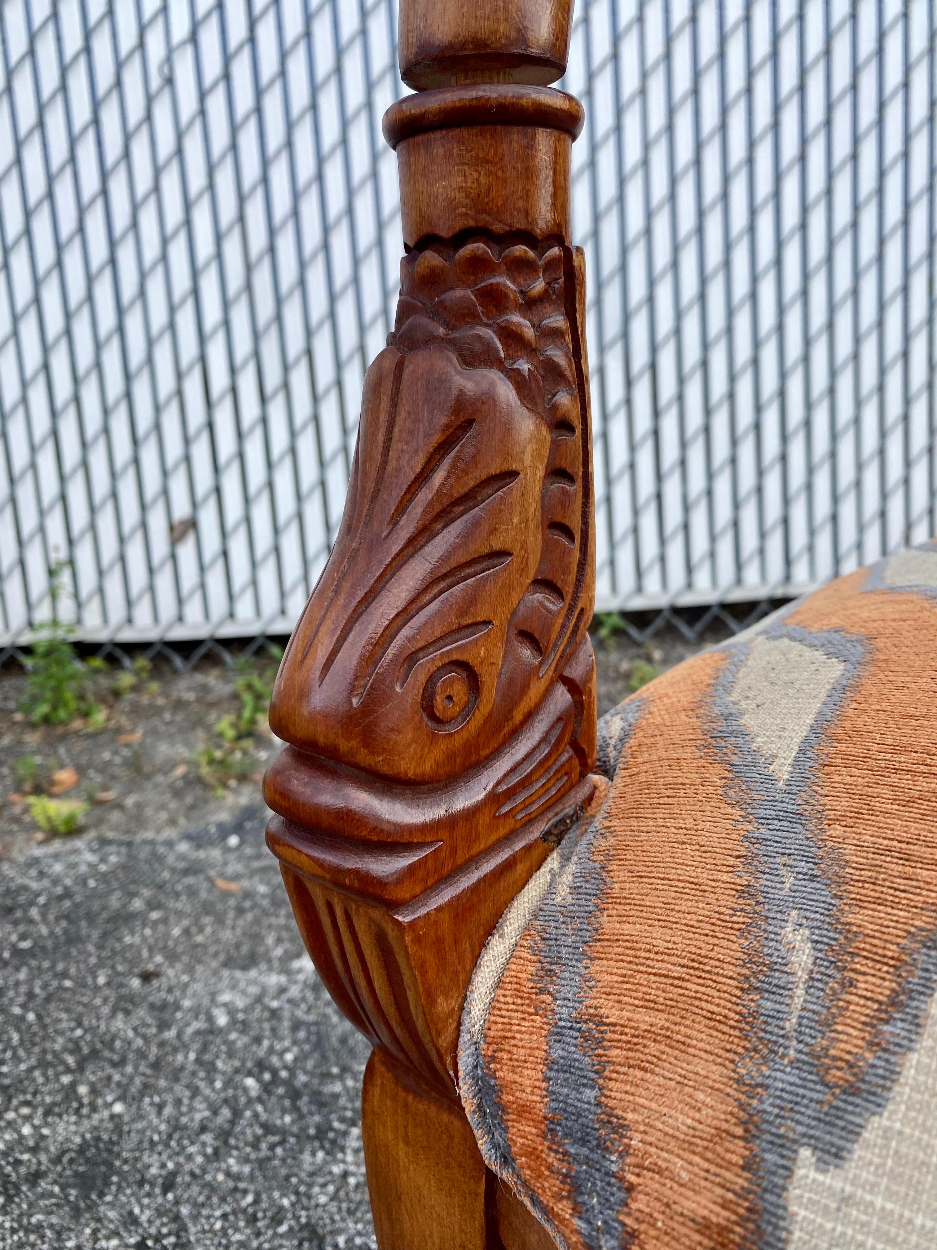 1970s Carved Wood Gold Fish Zebra Bentwood Chairs and Ottoman, Set of 3 For Sale 7