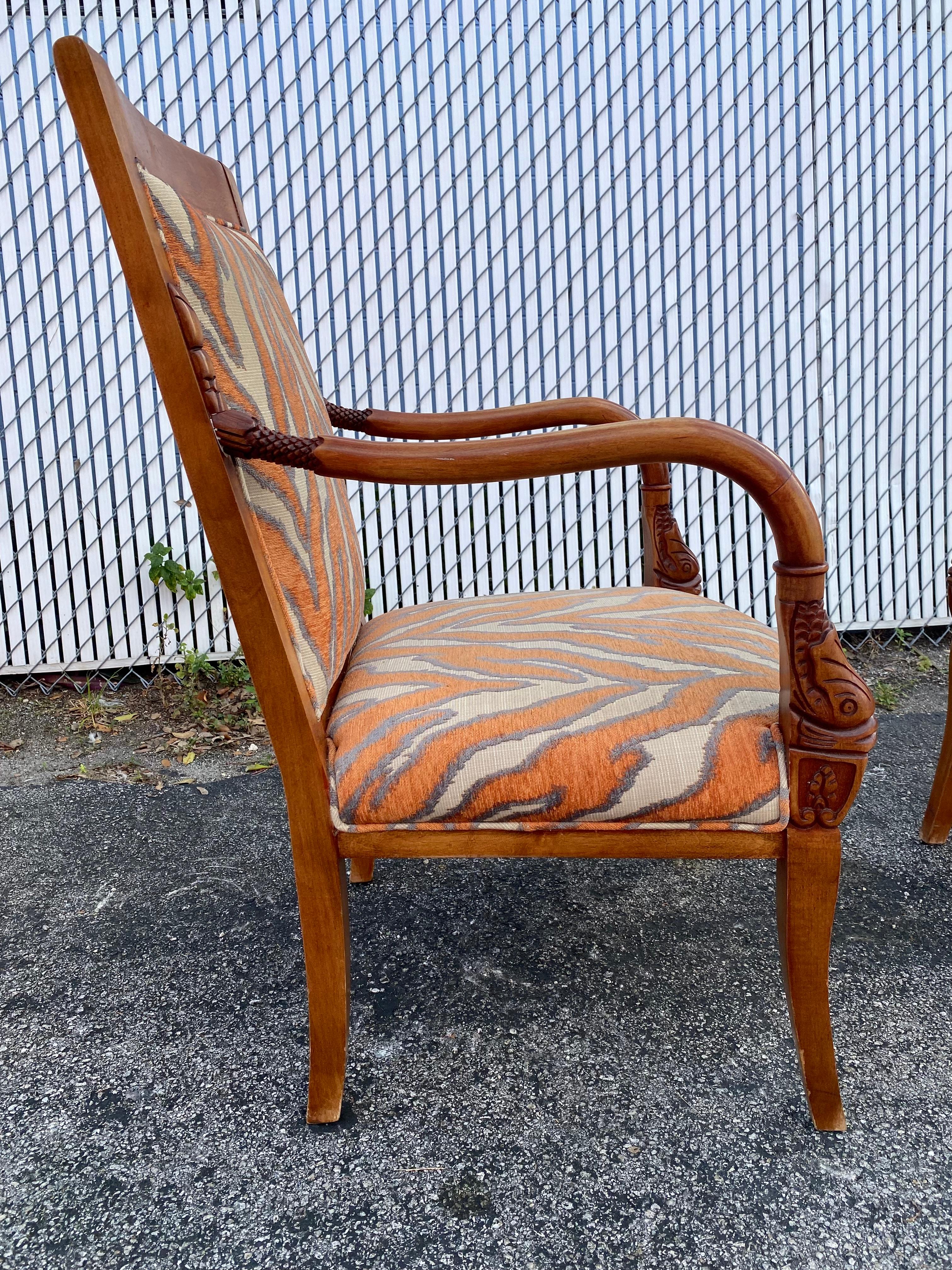 1970s Carved Wood Gold Fish Zebra Bentwood Chairs and Ottoman, Set of 3 For Sale 9