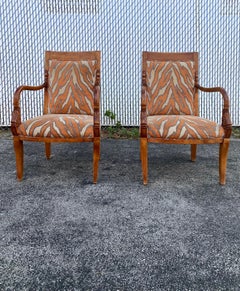 1970s Carved Wood Gold Fish Zebra Bentwood Chairs and Ottoman, Set of 3