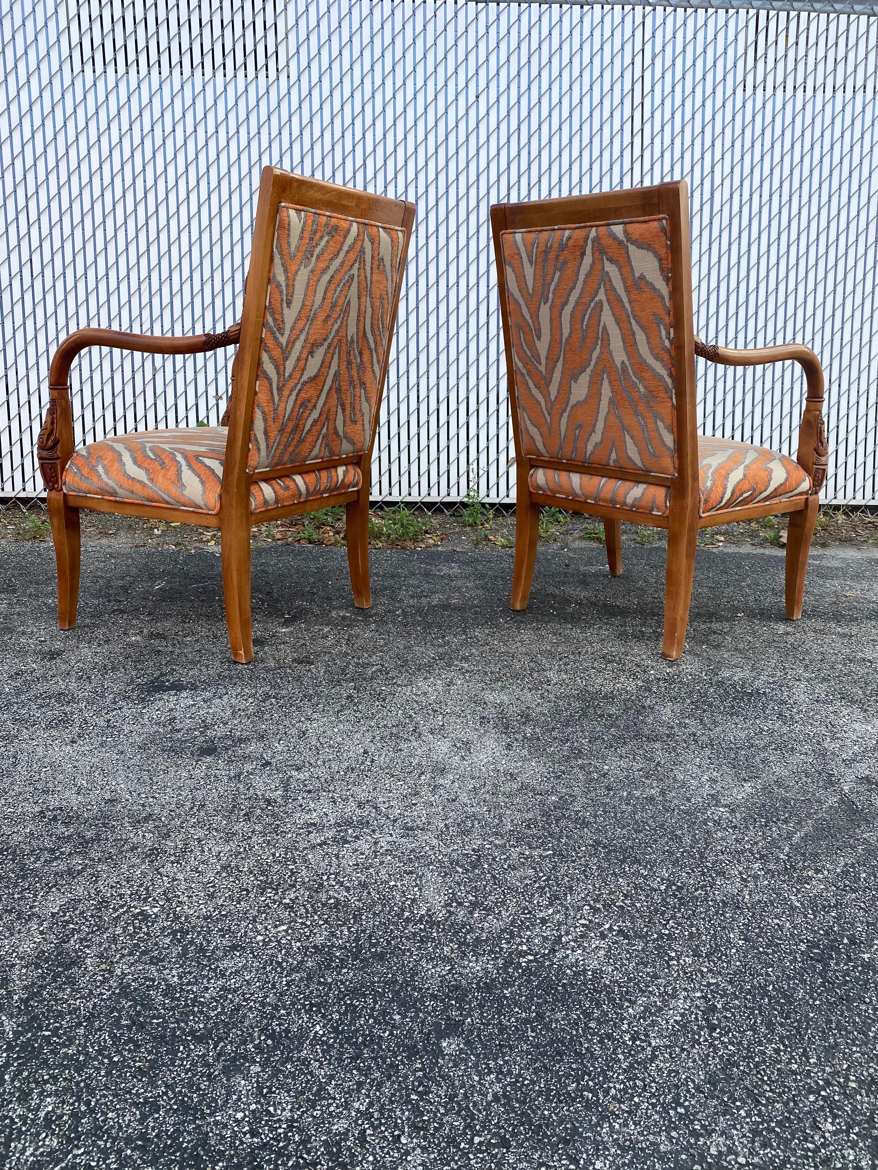 American 1970s Carved Wood Gold Fish Zebra Bentwood Chairs and Ottoman, Set of 3 For Sale