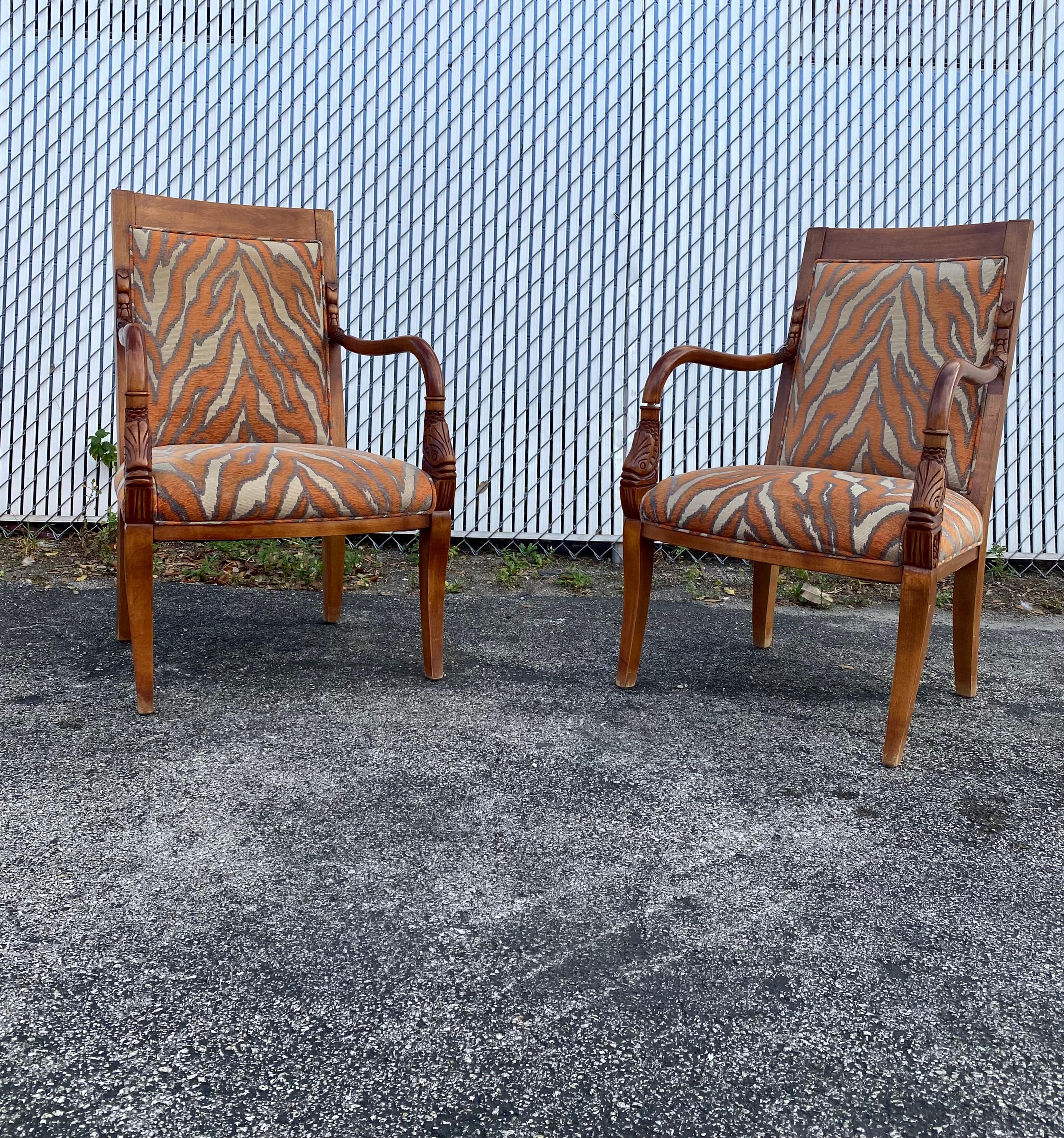 Late 20th Century 1970s Carved Wood Gold Fish Zebra Bentwood Chairs and Ottoman, Set of 3 For Sale