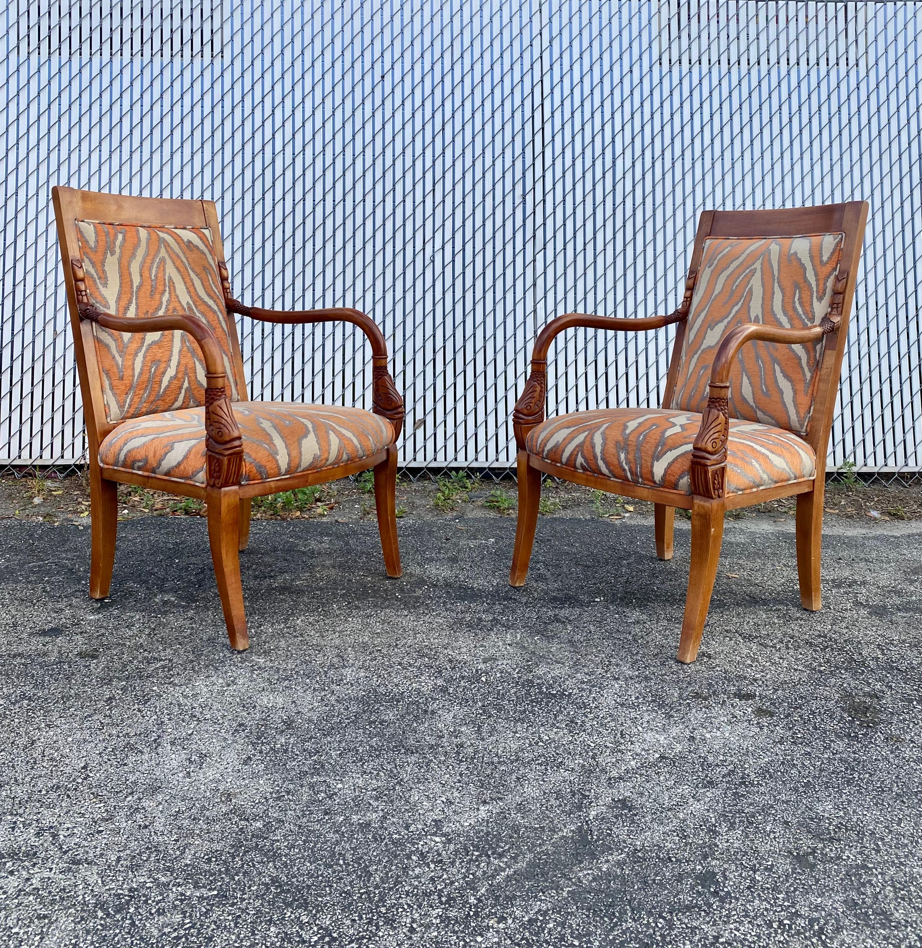 Upholstery 1970s Carved Wood Gold Fish Zebra Bentwood Chairs and Ottoman, Set of 3 For Sale