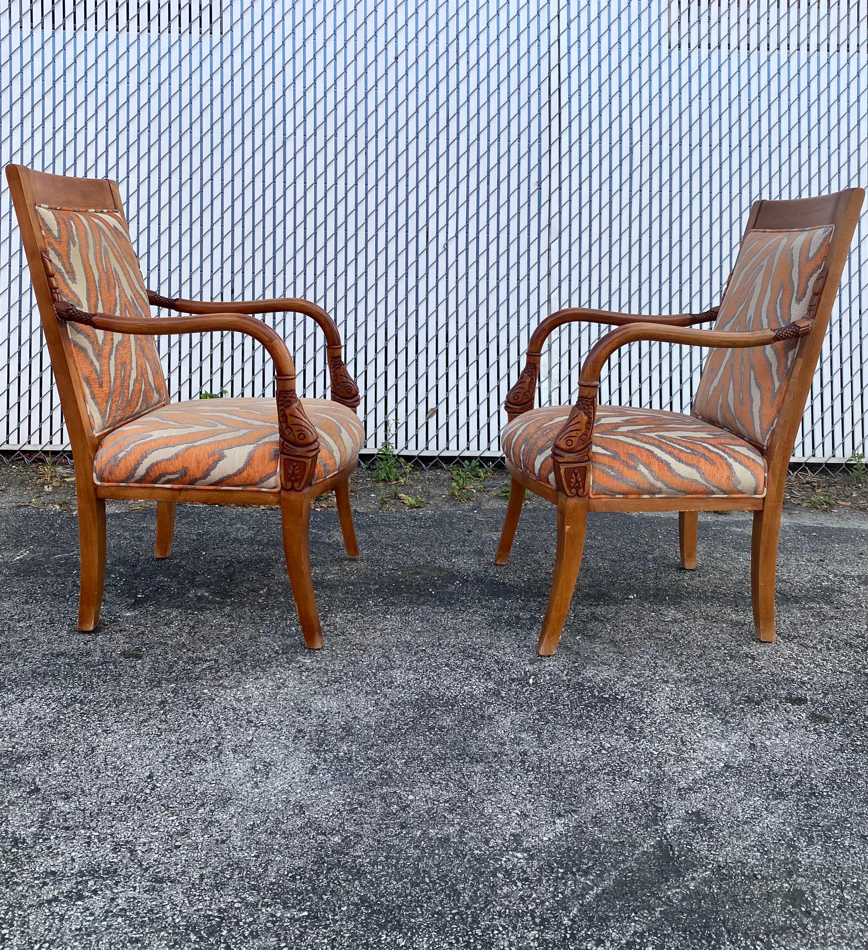 1970s Carved Wood Gold Fish Zebra Bentwood Chairs and Ottoman, Set of 3 For Sale 1
