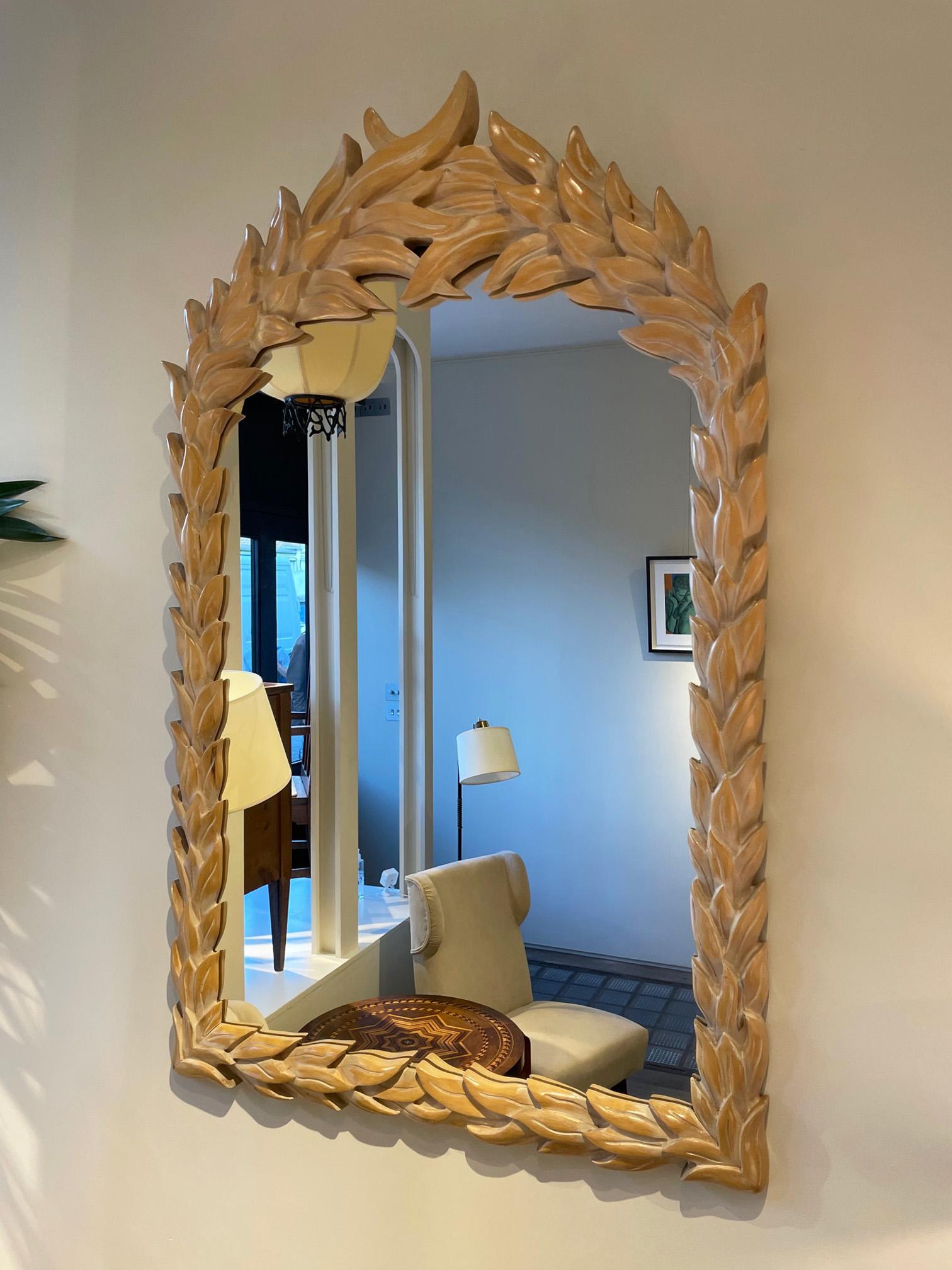 Mid-Century Modern 1970s Carved Wood Palm Leaf Mirror