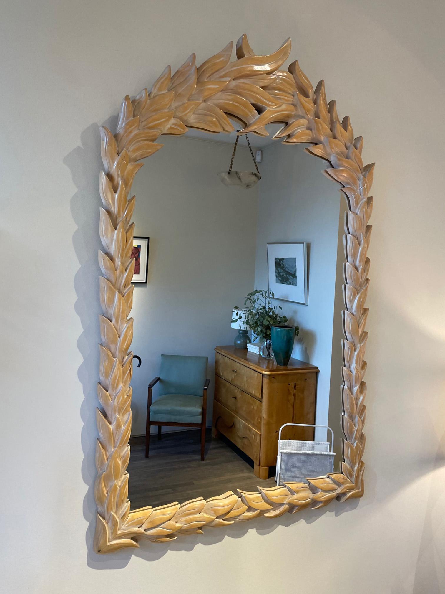 Italian 1970s Carved Wood Palm Leaf Mirror