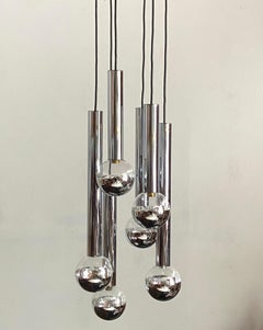 1970's cascading six globe chrome pendant light by Motoko Ishii for STAFF