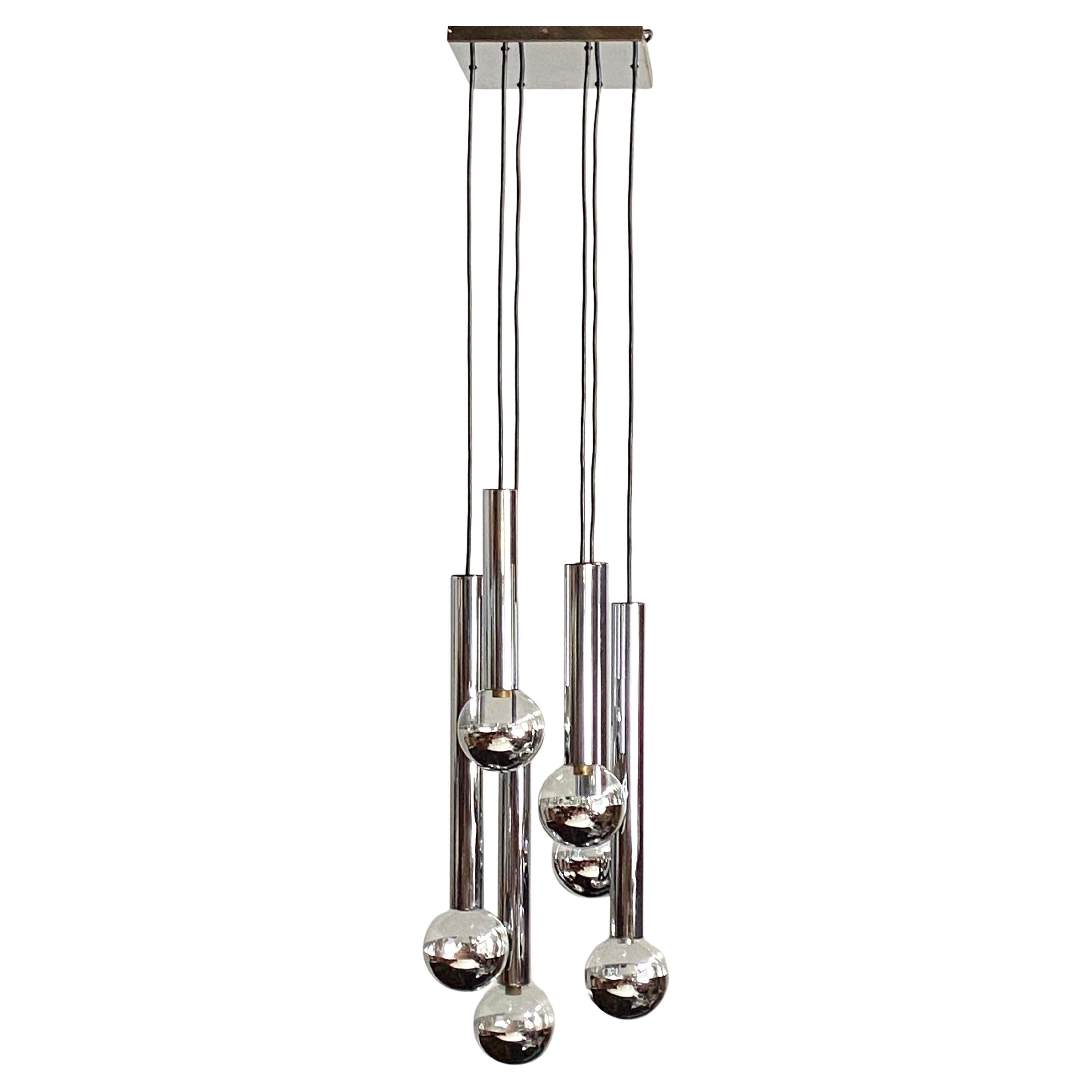 1970
s cascading six globe chrome pendant light by Motoko Ishii for STAFF For Sale