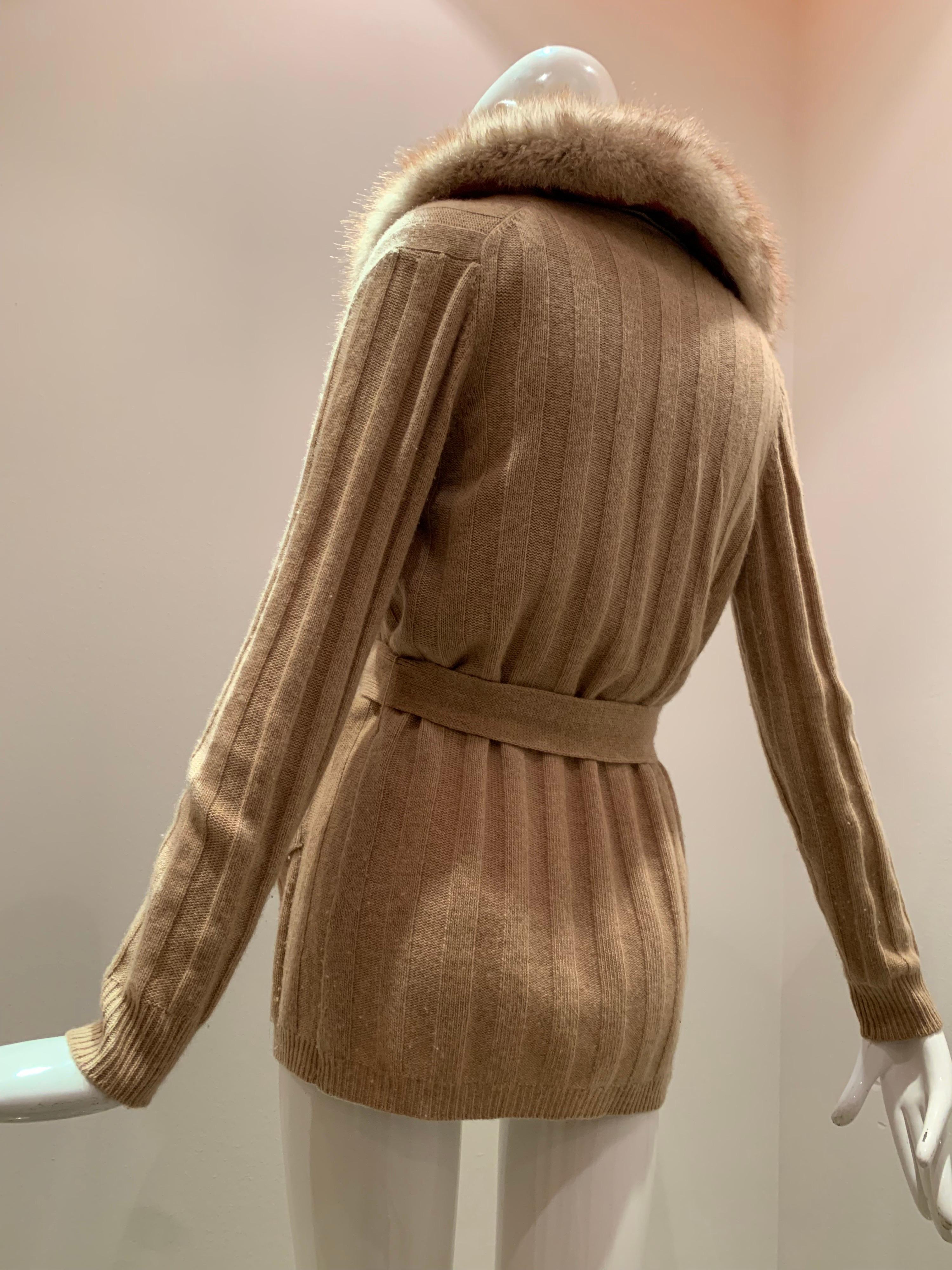 Women's 1970s Cashmere Camel-Color Cardigan and Sleeveless Shell Twin Set W/ Fox Collar