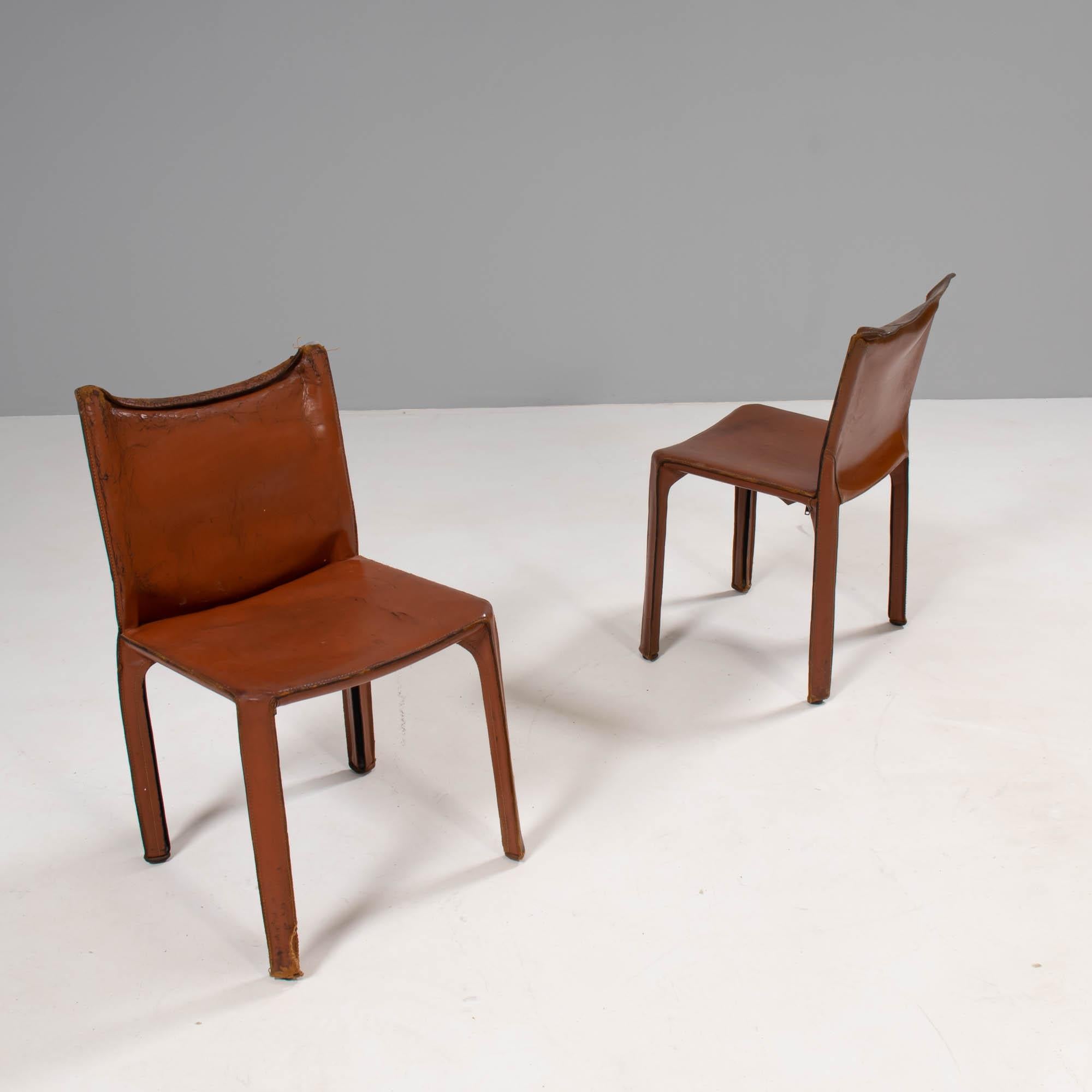1970s Cassina 'Cab' Leather Dining Chairs by Mario Bellini Brown, Set of Two In Distressed Condition In London, GB