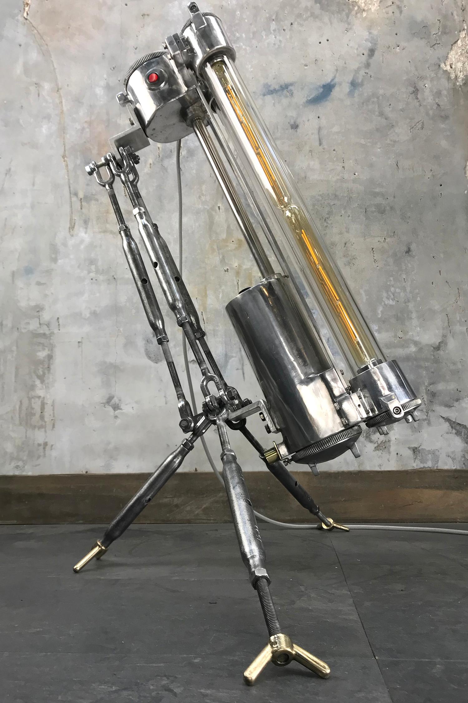 1970s Cast Aluminium and Steel Flame Proof Floor Lamp Tripod, Polished For Sale 5