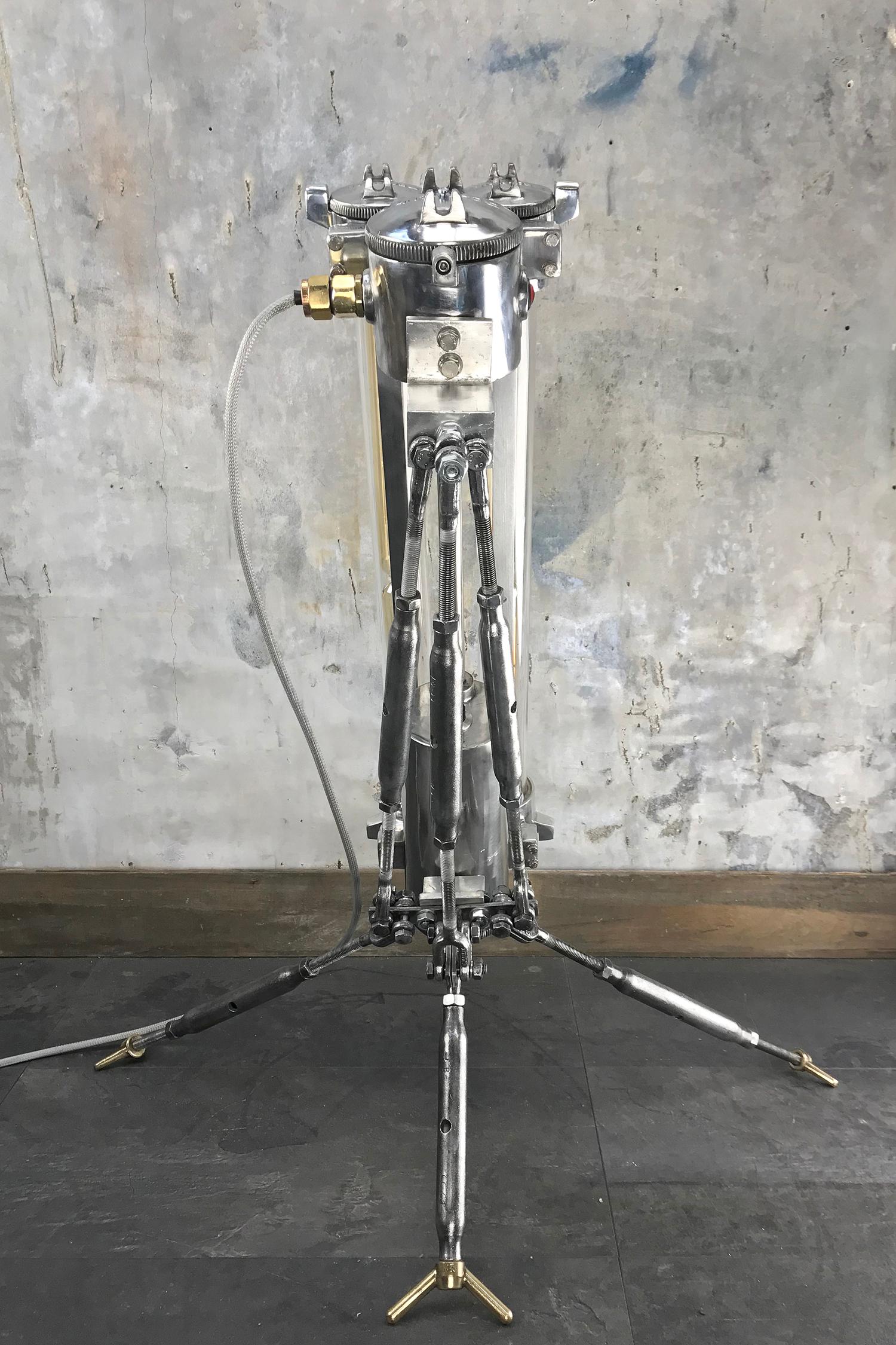 1970s Cast Aluminium and Steel Flame Proof Floor Lamp Tripod, Polished For Sale 9
