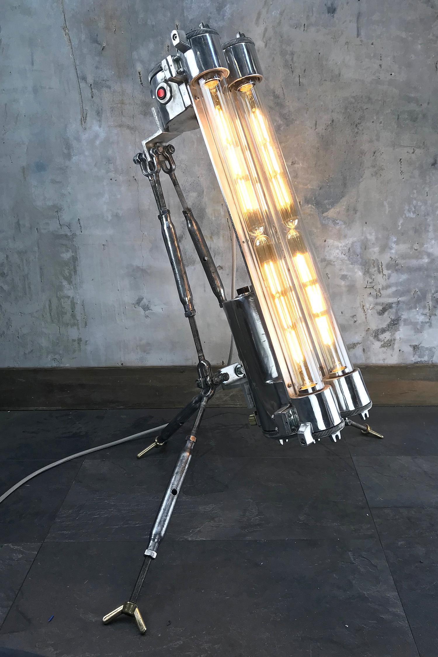 1970s Cast Aluminium and Steel Flame Proof Floor Lamp Tripod, Polished For Sale 11