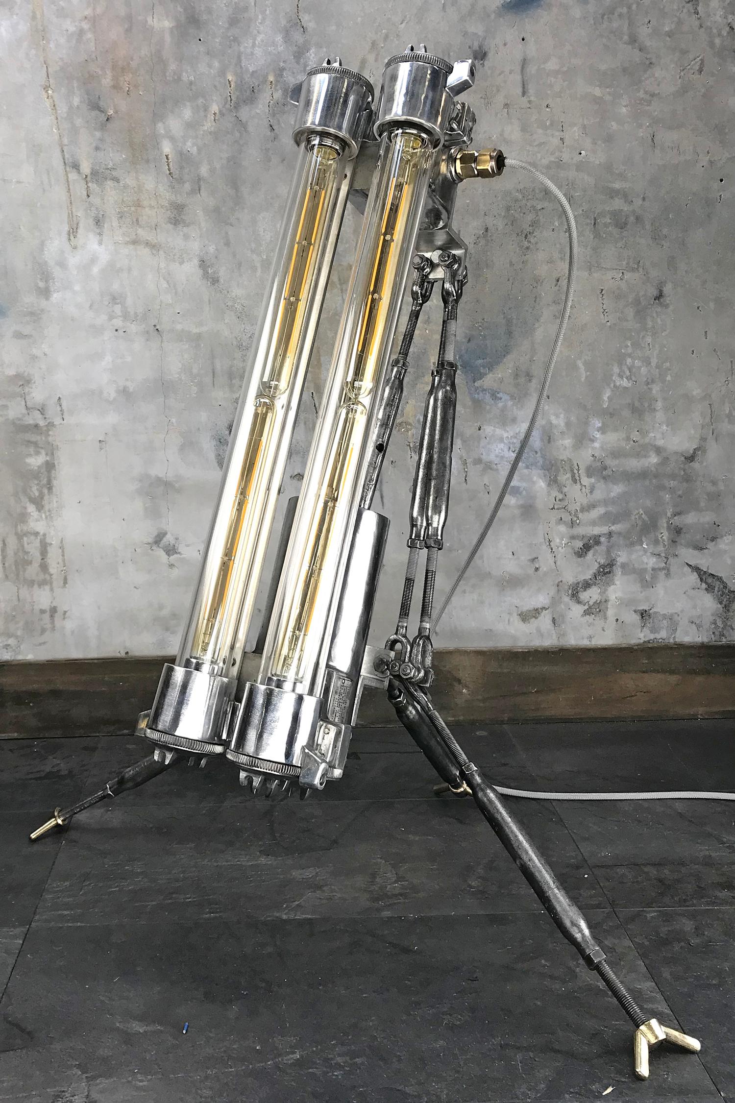 Industrial 1970s Cast Aluminium and Steel Flame Proof Floor Lamp Tripod, Polished For Sale