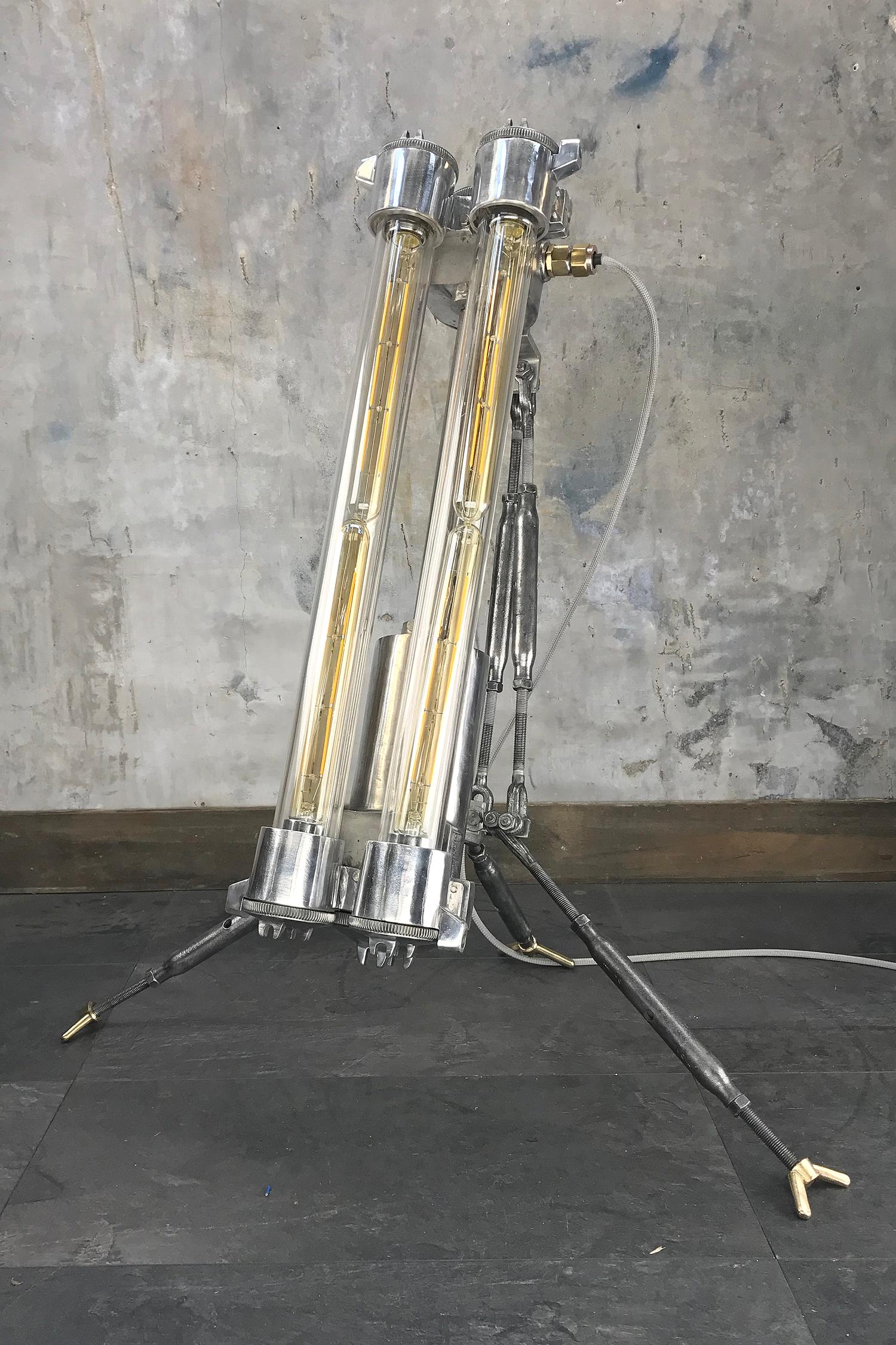 1970s Cast Aluminium and Steel Flame Proof Floor Lamp Tripod, Polished In Good Condition For Sale In Leicester, Leicestershire