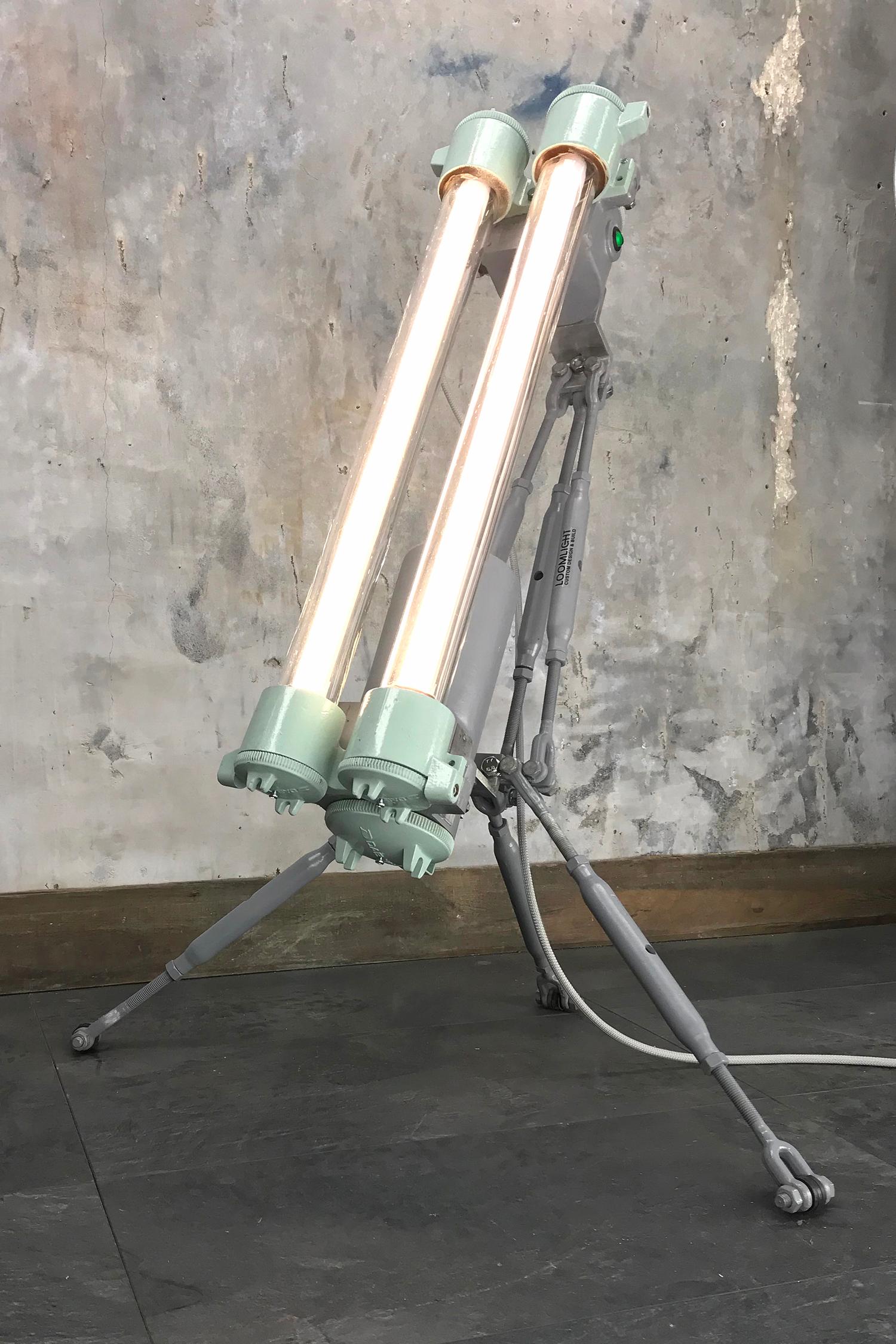 Industrial 1970s Cast Aluminium & Steel Flame Proof Floor Lamp Tripod - Warm White T8 Led For Sale