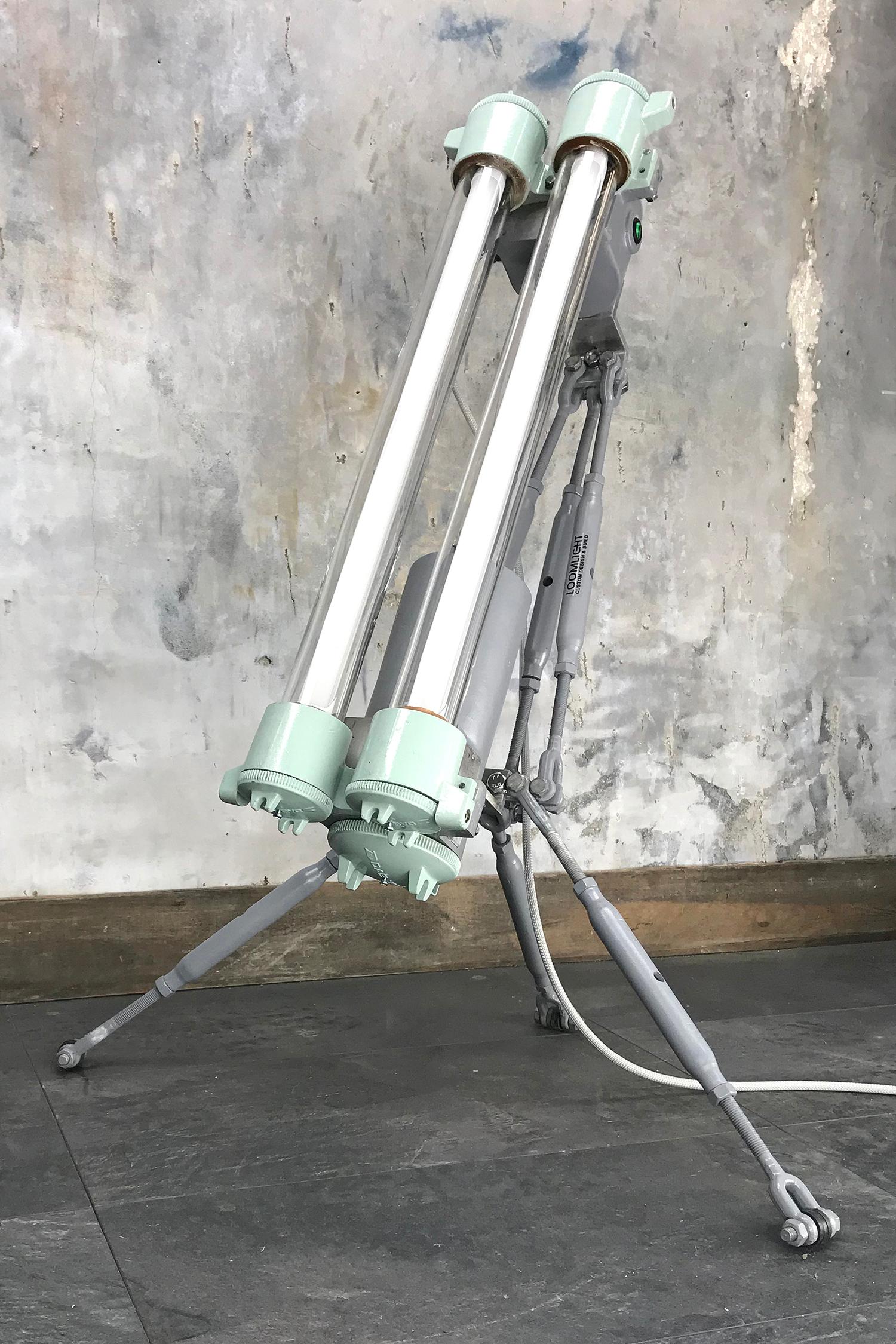 1970s Cast Aluminium & Steel Flame Proof Floor Lamp Tripod - Warm White T8 Led In Good Condition For Sale In Leicester, Leicestershire