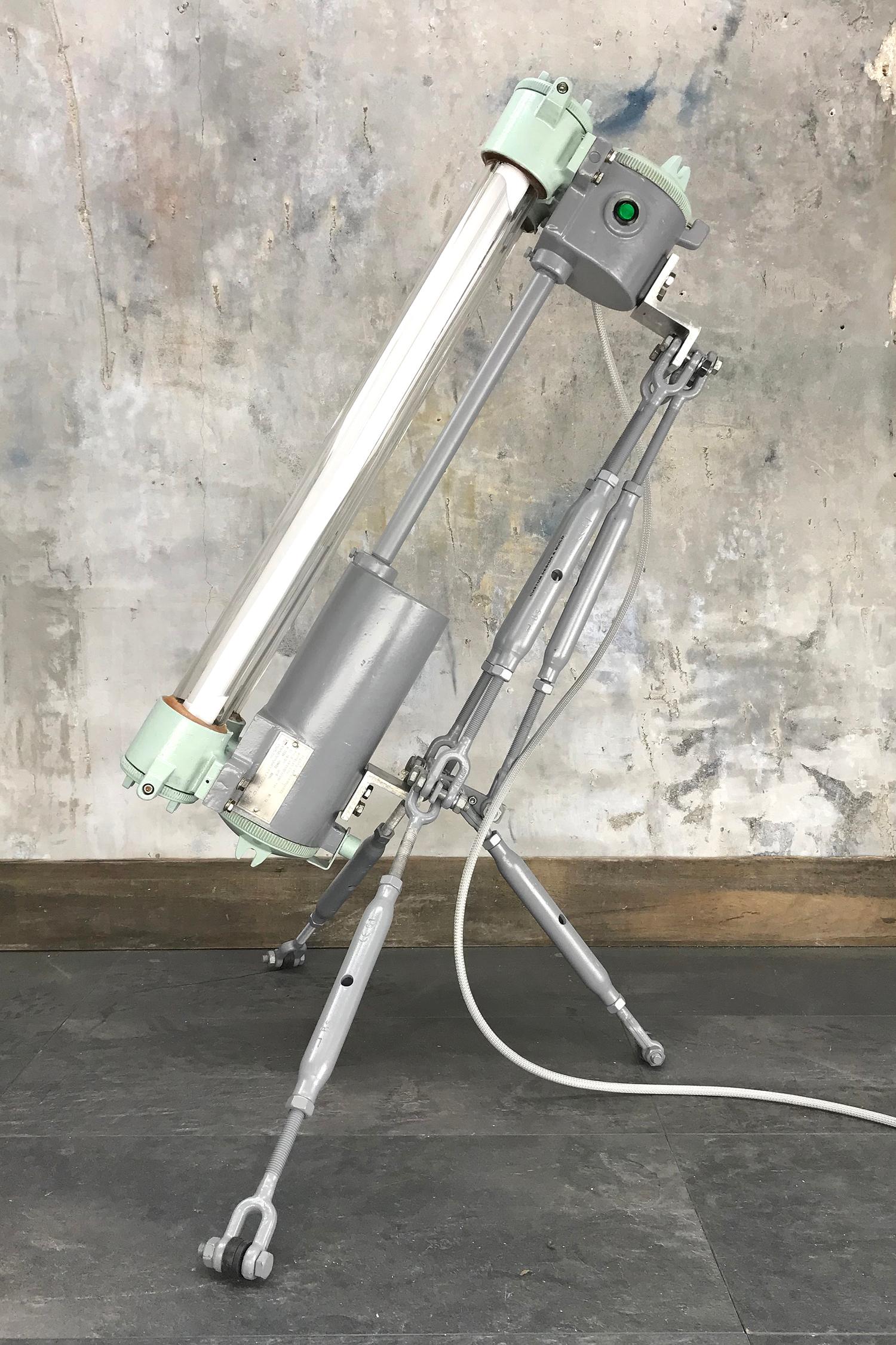Late 20th Century 1970s Cast Aluminium & Steel Flame Proof Floor Lamp Tripod - Warm White T8 Led For Sale