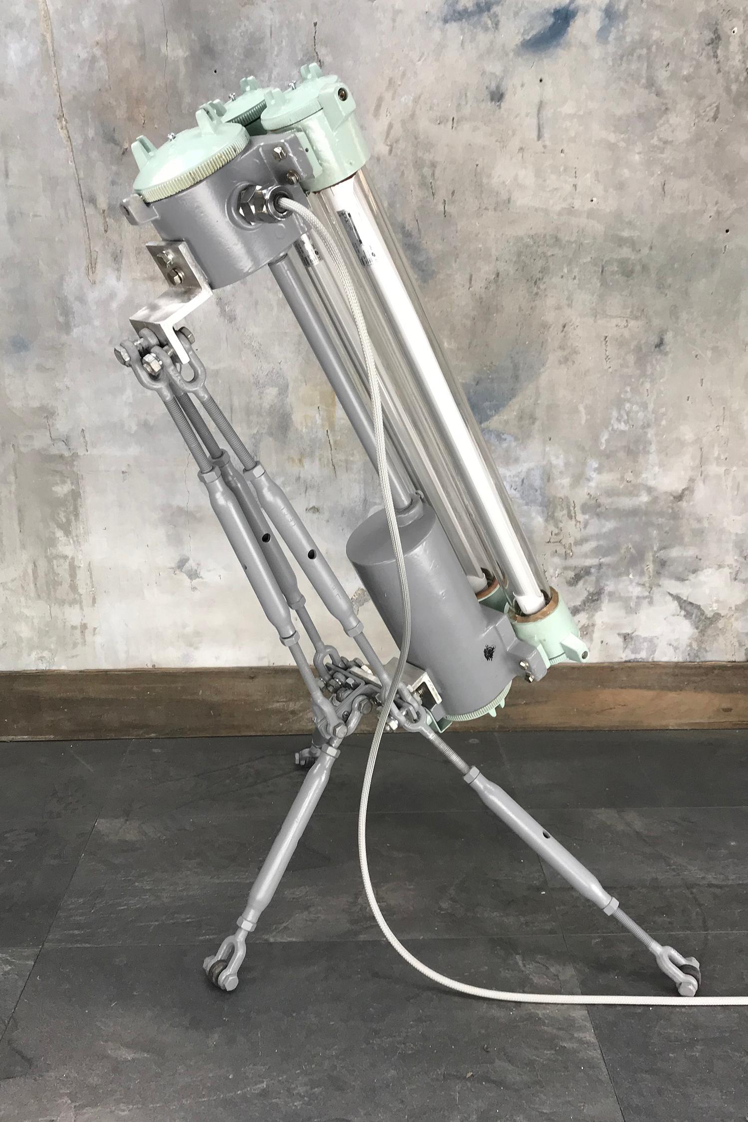 1970s Cast Aluminium & Steel Flame Proof Floor Lamp Tripod - Warm White T8 Led For Sale 2