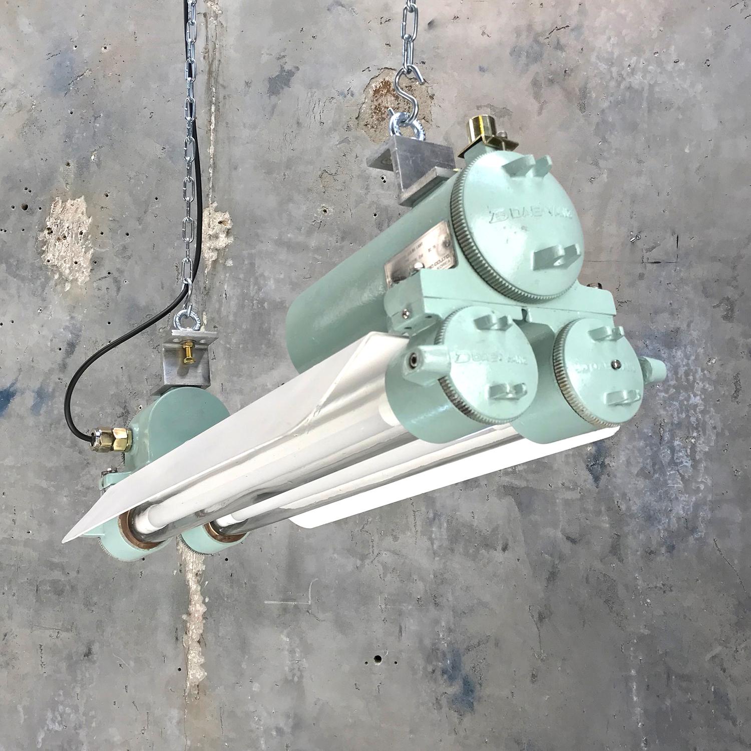 A reclaimed retro industrial Korean flameproof strip light made by Daeyang in 1970's finished in original marine colours very similar to duck egg.
 
Originally salvaged from super tankers, cargo ships and military vessels.  Professionally restored