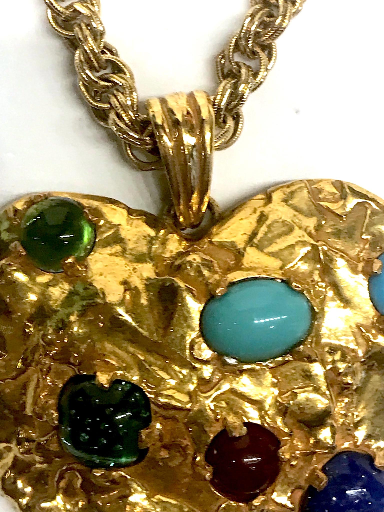 1970s Castlecliff Gold & Glass Cabochon Heart Pendant Necklace In Good Condition In New York, NY