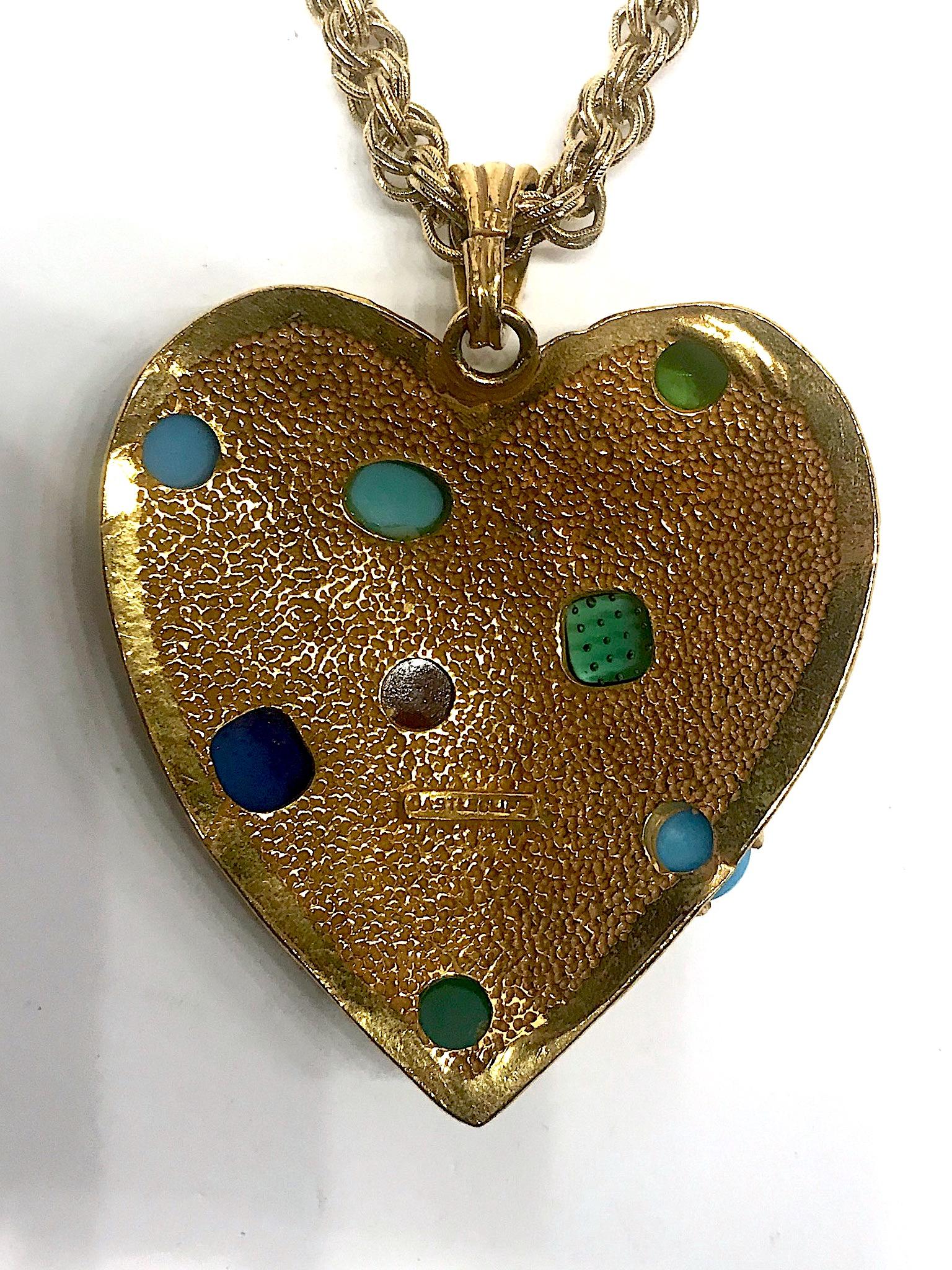 Women's or Men's 1970s Castlecliff Gold & Glass Cabochon Heart Pendant Necklace