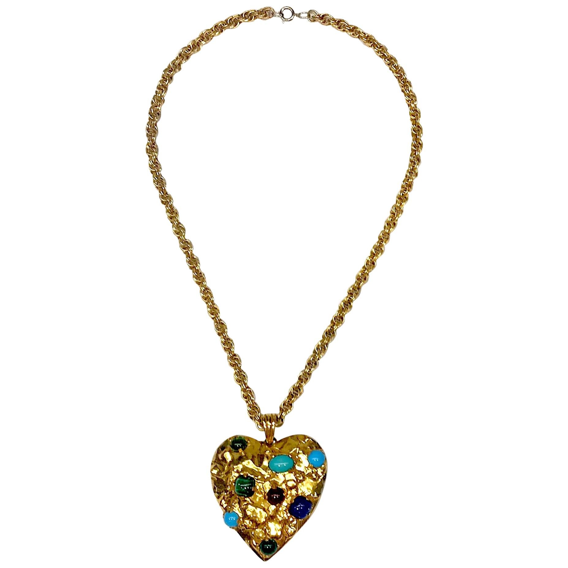 1970s Castlecliff Gold & Glass Cabochon Heart Pendant Necklace