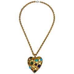 1970s Castlecliff Gold & Glass Cabochon Heart Pendant Necklace