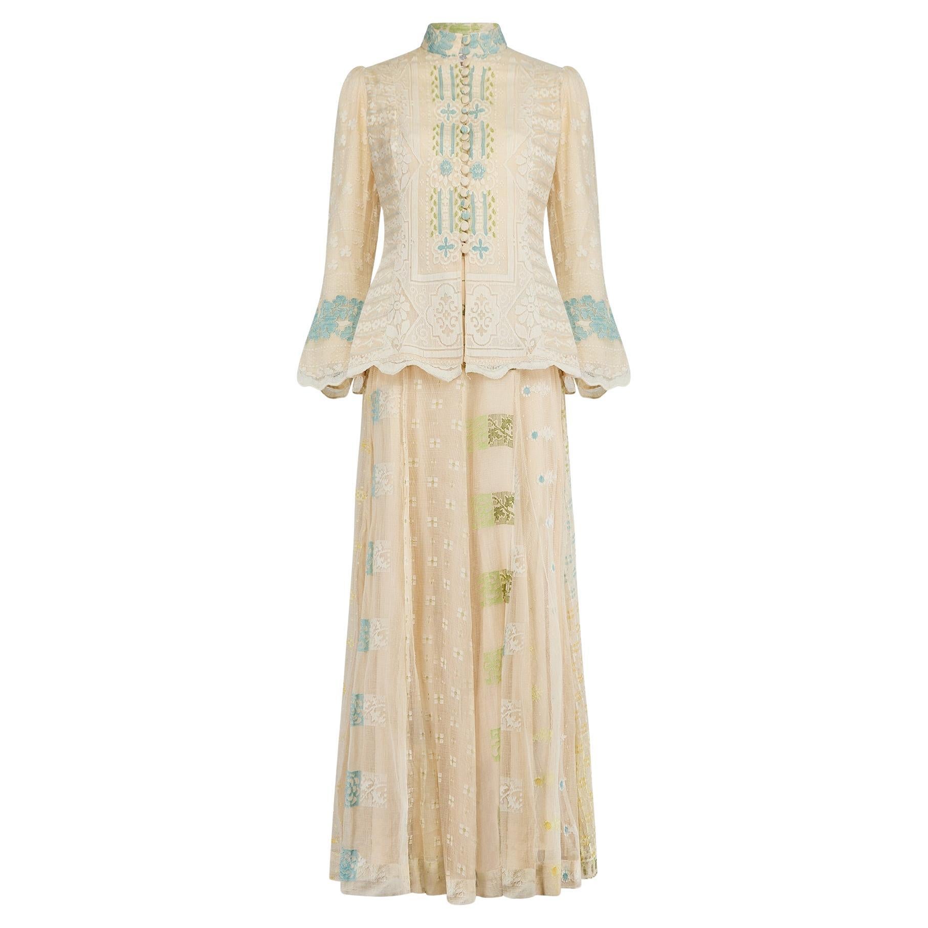 1970s Catherine Buckley Patchwork Cream Skirt and Jacket For Sale