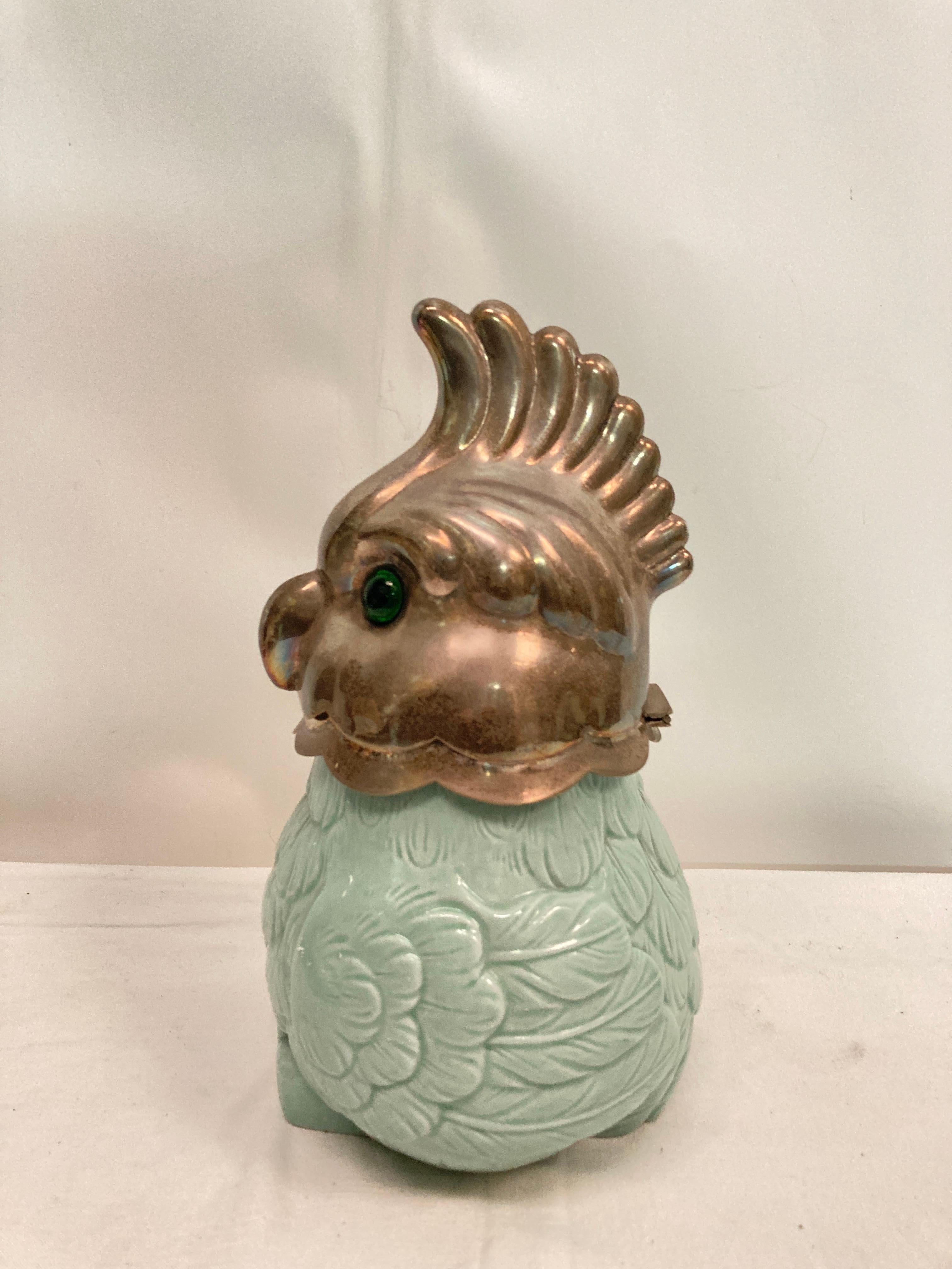 French 1970's Celadon porcelain an silver plated parrot pot  For Sale
